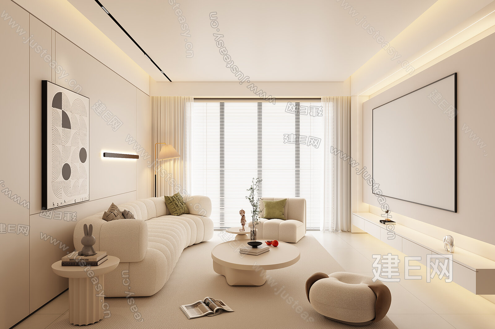 奶油风客厅3d模型下载[ID:115891049]_建e网3d模型