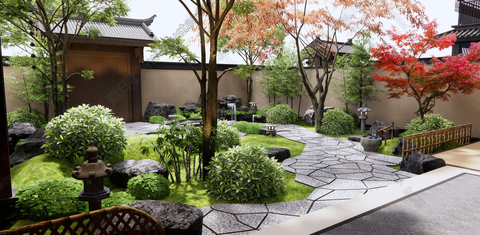中式禅意枯山水庭院景观模型SU模型下载[ID:107107267]_建E室内设计网