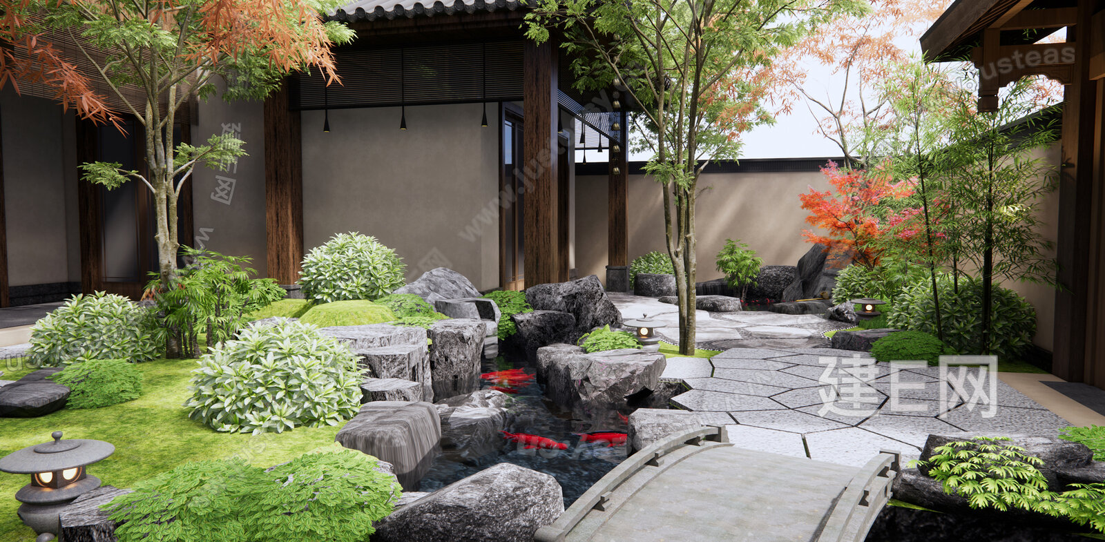 中式禅意枯山水庭院景观模型SU模型下载[ID:107107267]_建E室内设计网