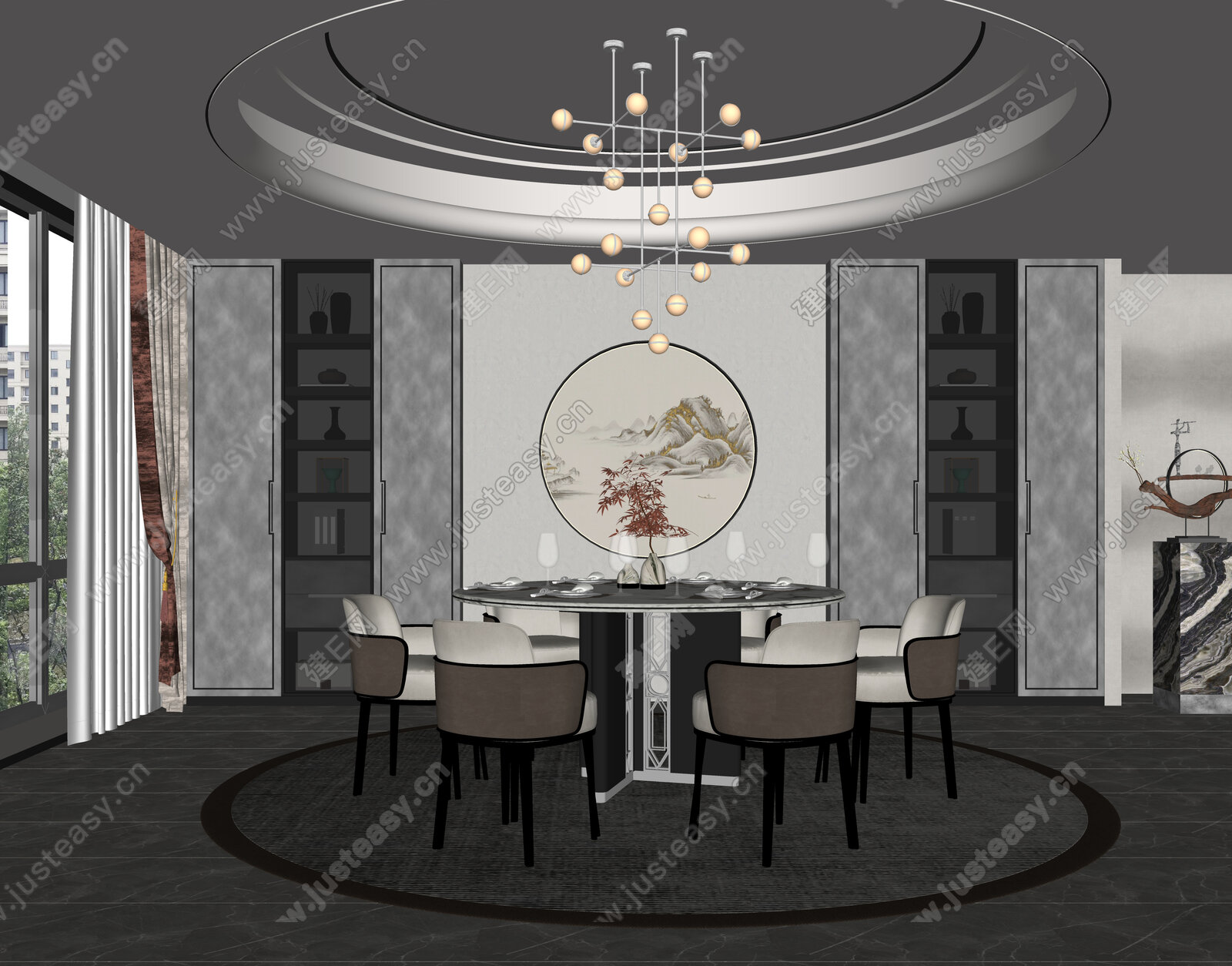 新中式餐厅模型SU模型下载[ID:108417843]_建e网su模型