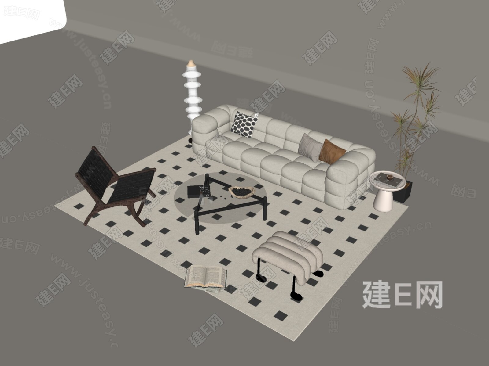 法式奶油风沙发茶几组合模型SU模型下载[ID:108876733]_建e网su模型
