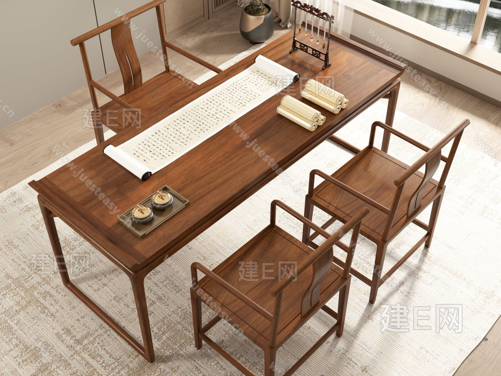 中式禅意实木书桌画案明式书法办公桌黑胡桃茶桌椅组合文人家具-阿里巴巴