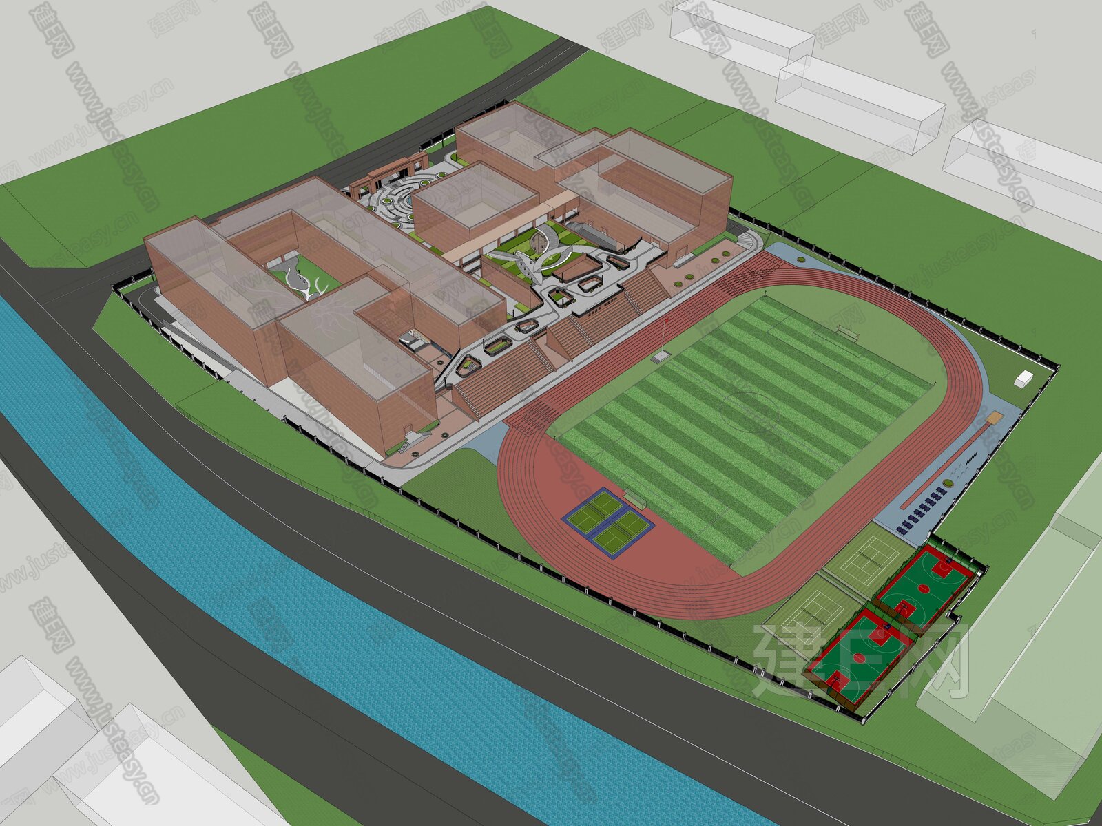 现代中小学校园景观模型SU模型下载[ID:108614541]_建e网su模型