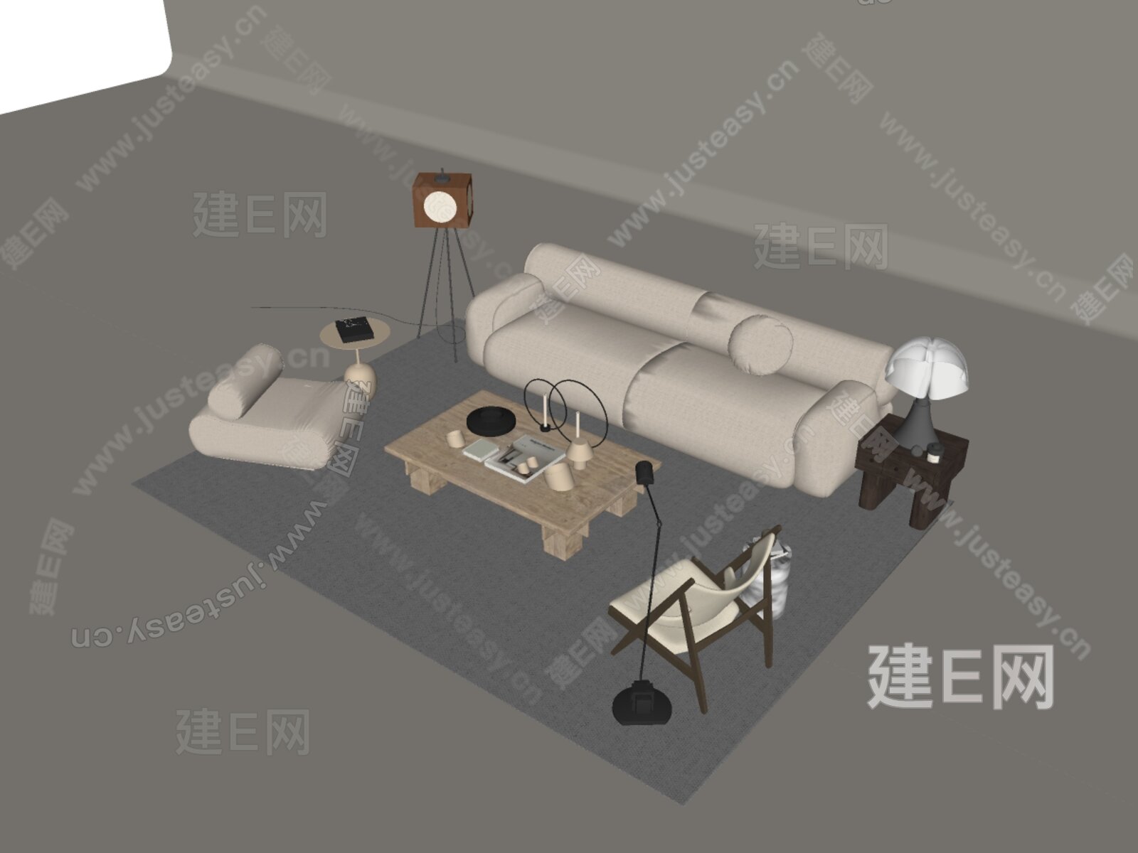 法式奶油风沙发茶几组合模型SU模型下载[ID:108745589]_建e网su模型