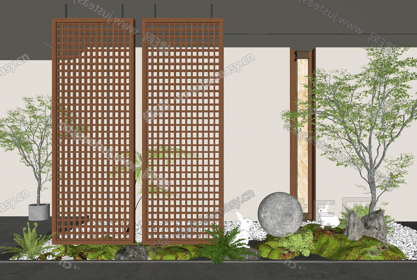 新中式室内景观造景模型SU模型下载[ID:100684712]_建E室内设计网