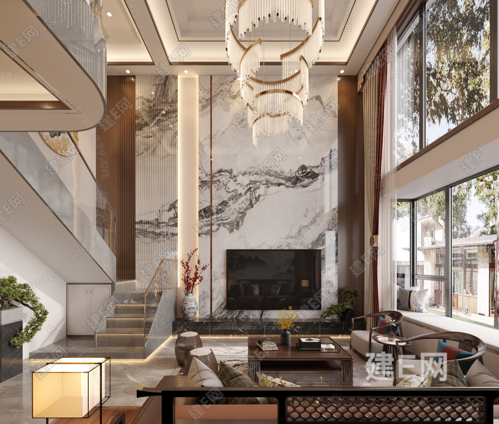 新中式别墅客厅模型SU模型下载[ID:101536660]_建e网su模型