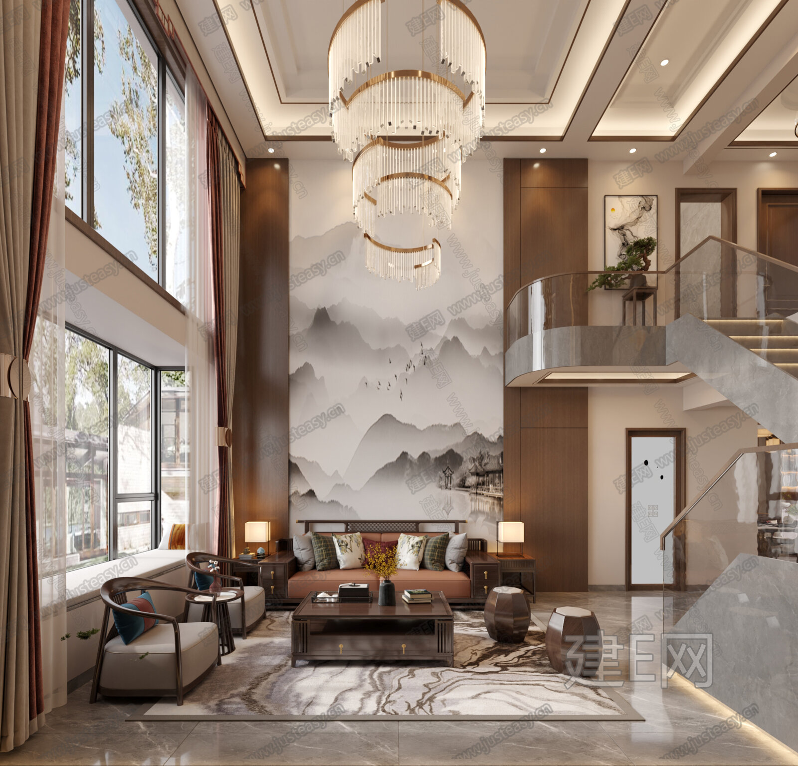 新中式别墅客厅模型SU模型下载[ID:101536660]_建e网su模型