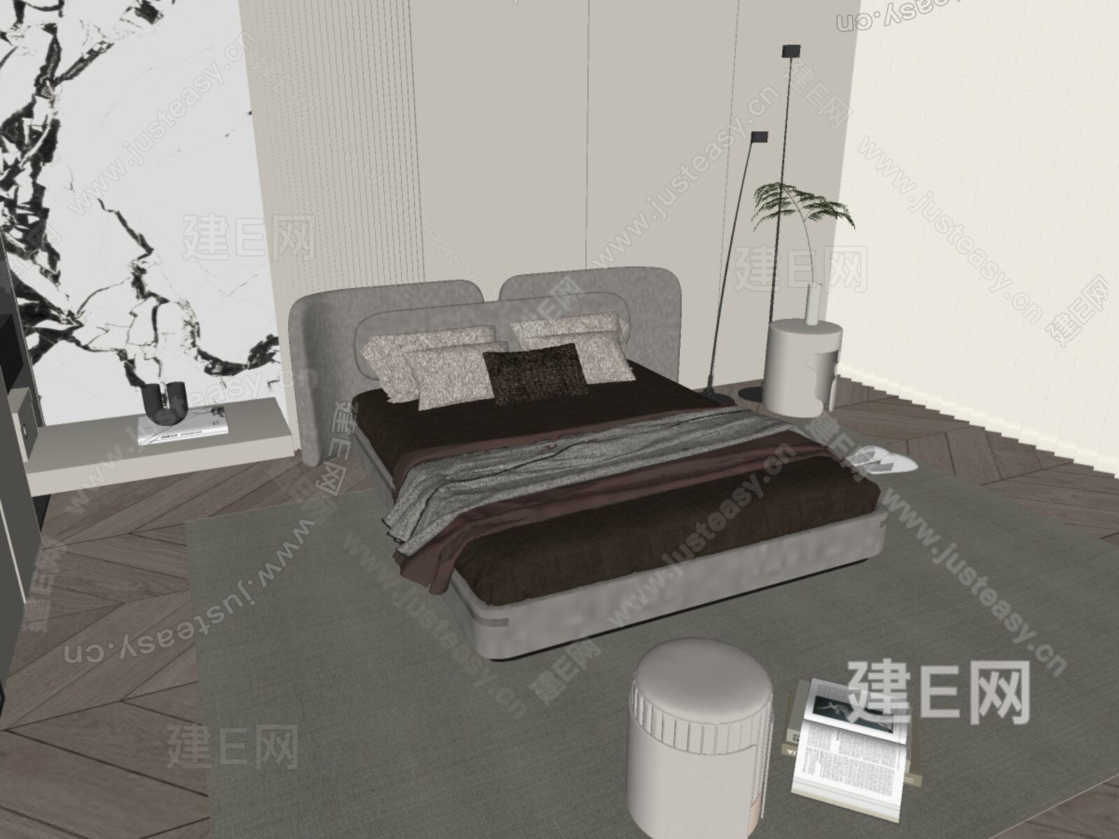 现代双人床模型SU模型下载[ID:101995289]_建E室内设计网