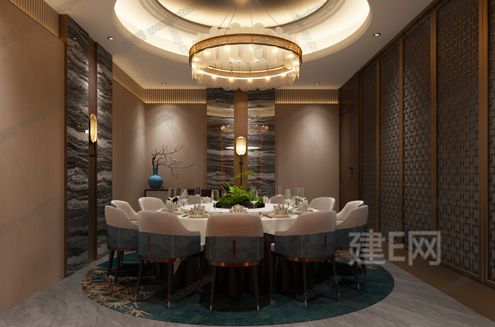 新中式餐厅包间3d模型下载[ID:112090077]_建e网3d模型