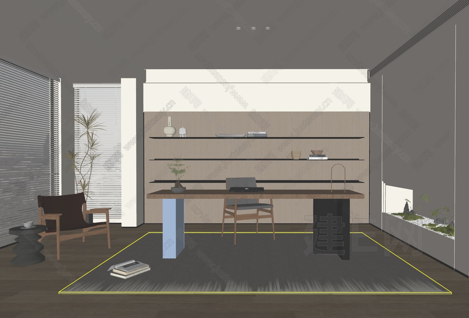 侘寂风书房模型SU模型下载[ID:114970765]_建e网su模型