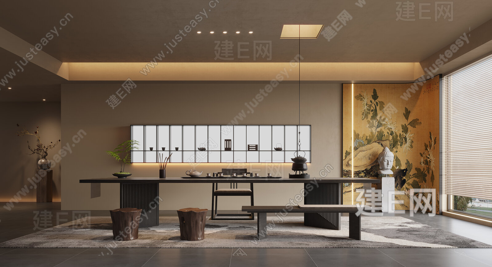 新中式茶室模型SU模型下载[ID:103437133]_建E室内设计网