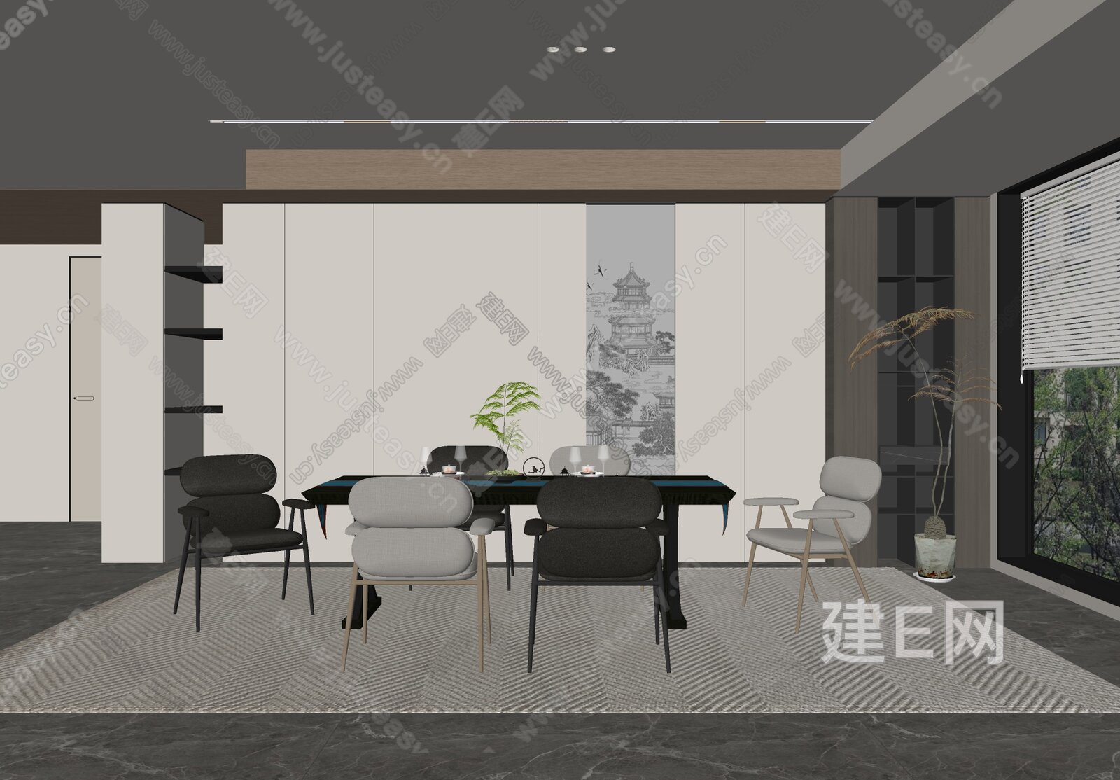 新中式餐厅 模型SU模型下载[ID:104158189]_建E室内设计网