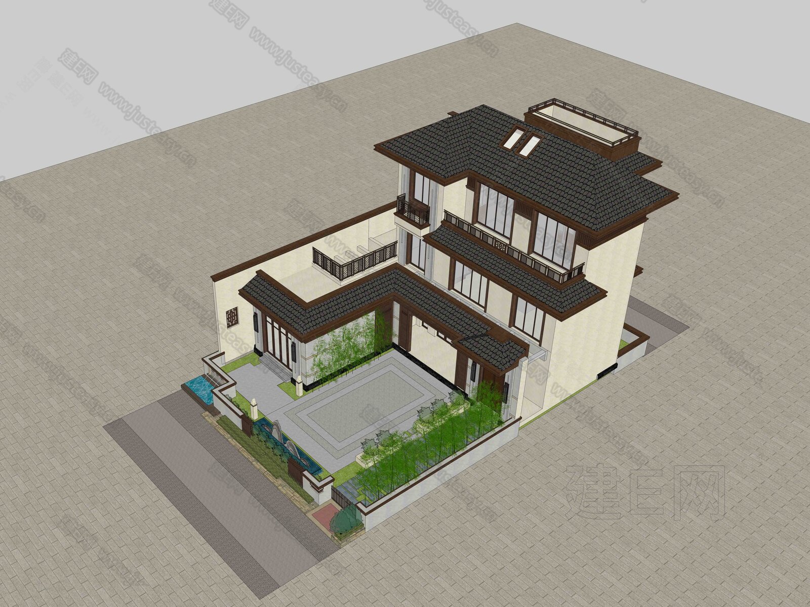 新中式别墅模型SU模型下载[ID:104157967]_建e网su模型