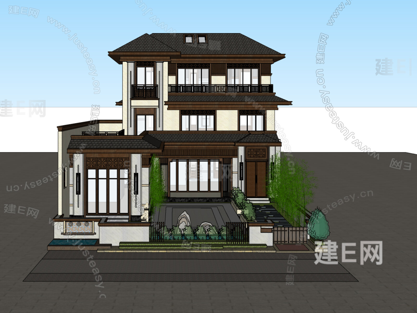新中式别墅模型SU模型下载[ID:104157967]_建e网su模型