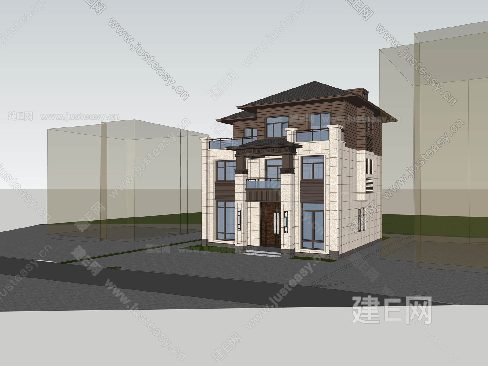 新中式别墅模型SU模型下载[ID:104158206]_建e网su模型