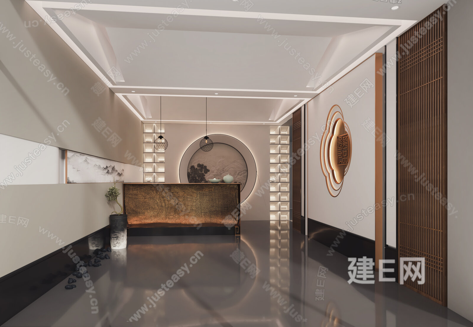 新中式接待大厅3d模型下载[ID:104880713]_建e网3d模型
