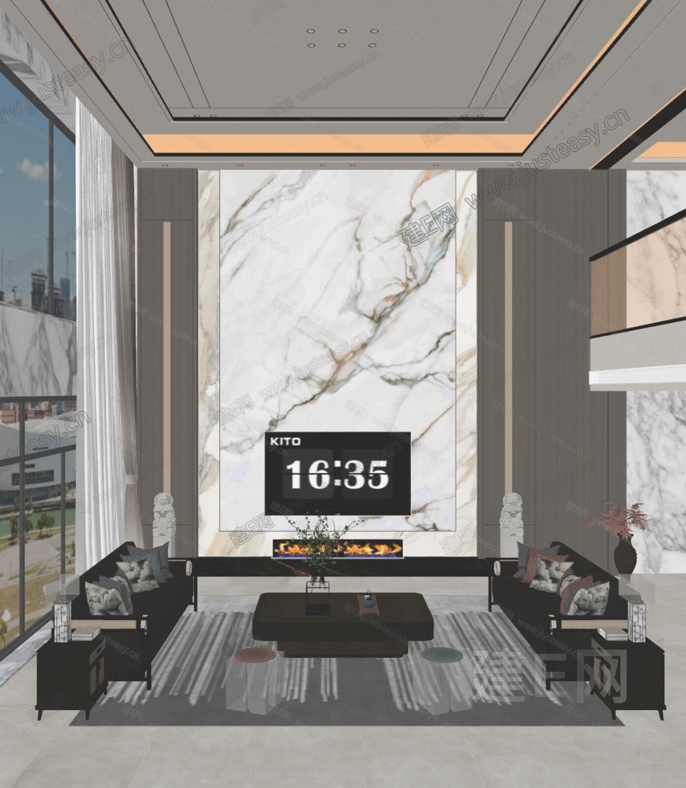 新中式轻奢别墅客厅模型SU模型下载[ID:104682432]_建E室内设计网
