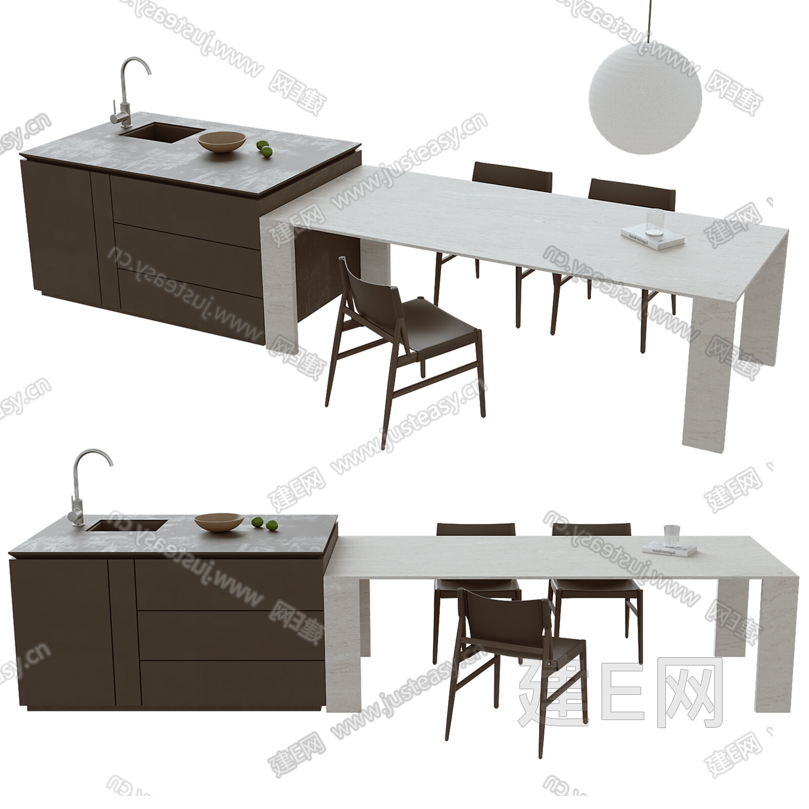 现代岛台餐桌椅组合模型SU模型下载[ID:104420199]_建e网su模型