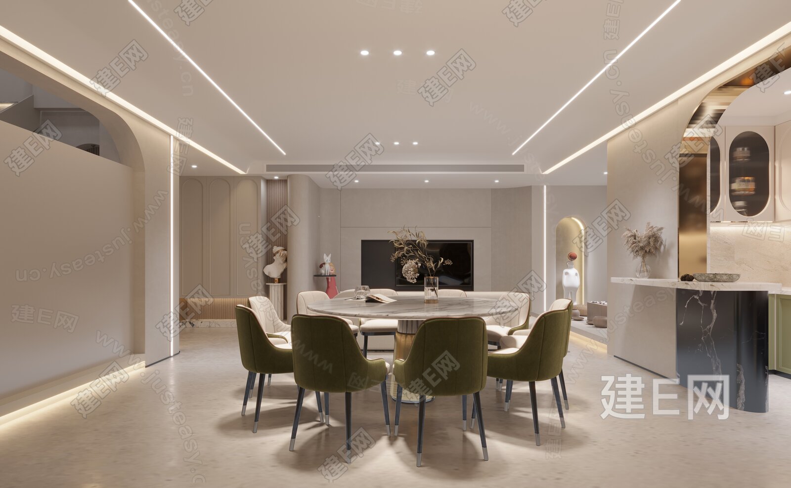 【现代奶油风客餐厅3d模型】建e网_现代奶油风客餐厅3d模型下载[ID:106650134]_打造3d现代奶油风客餐厅模型免费下载平台
