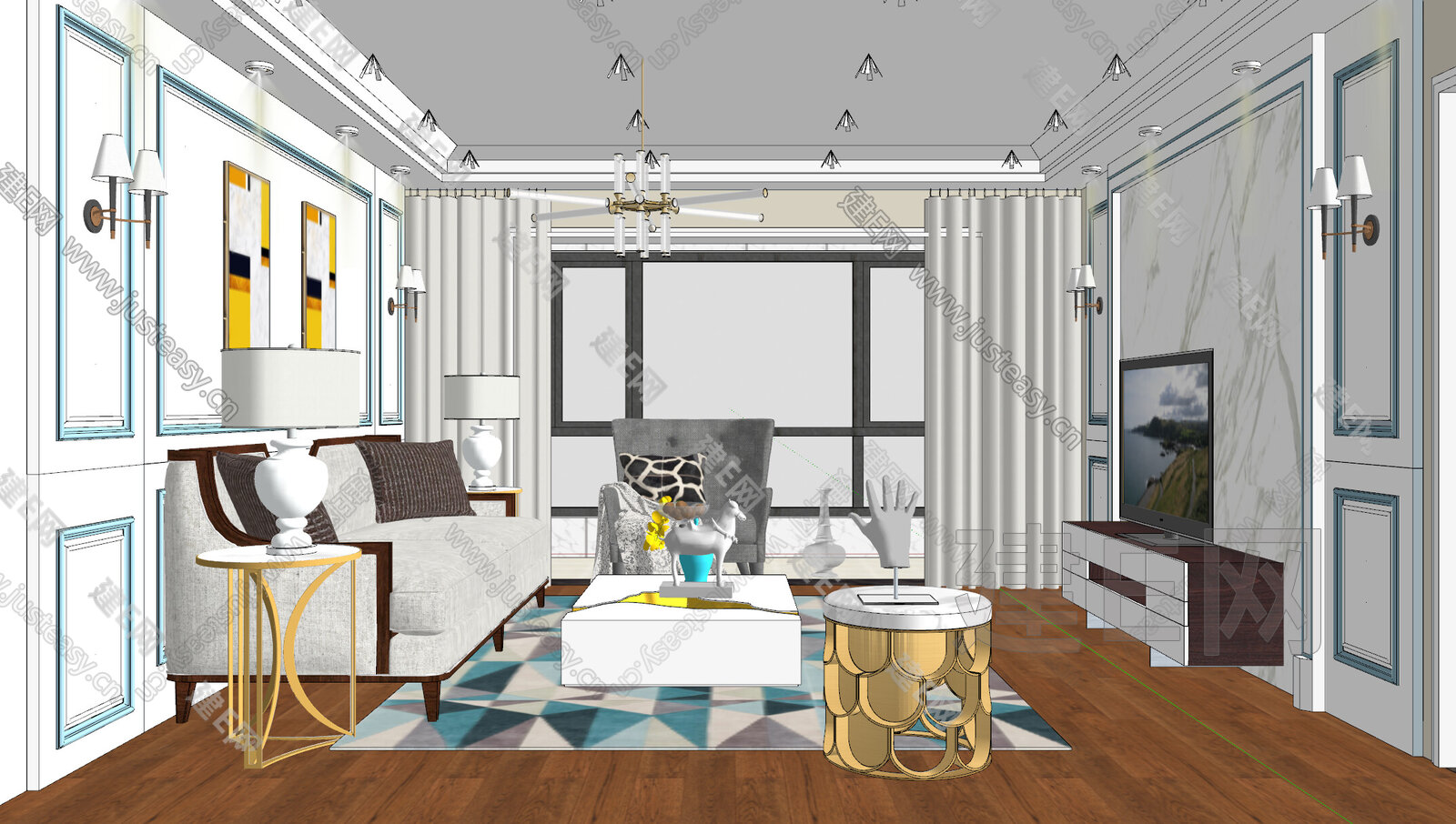 现代客厅模型SU模型下载[ID:114054126]_建E室内设计网