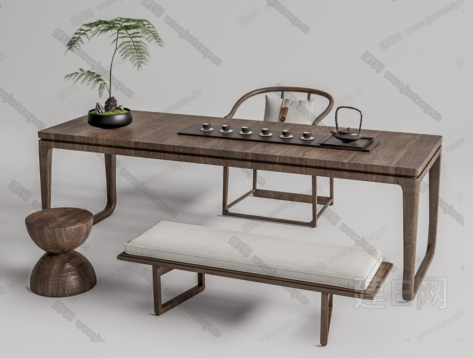 新中式茶桌椅模型SU模型下载[ID:114250502]_建E室内设计网