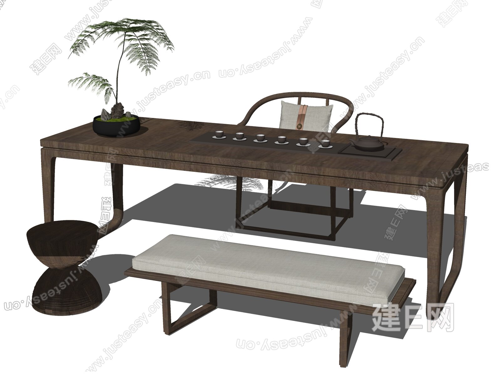 新中式茶桌椅模型SU模型下载[ID:114250502]_建E室内设计网