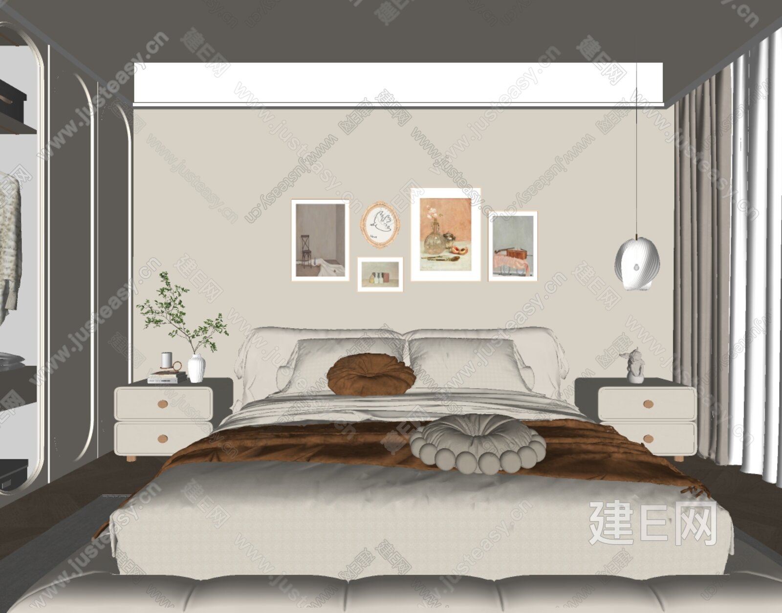 现代奶油风家居卧室 模型SU模型下载[ID:113857331]_建e网su模型
