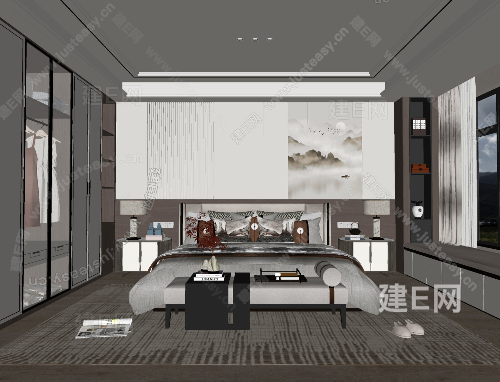 新中式家居卧室模型SU模型下载[ID:116282254]_建E室内设计网