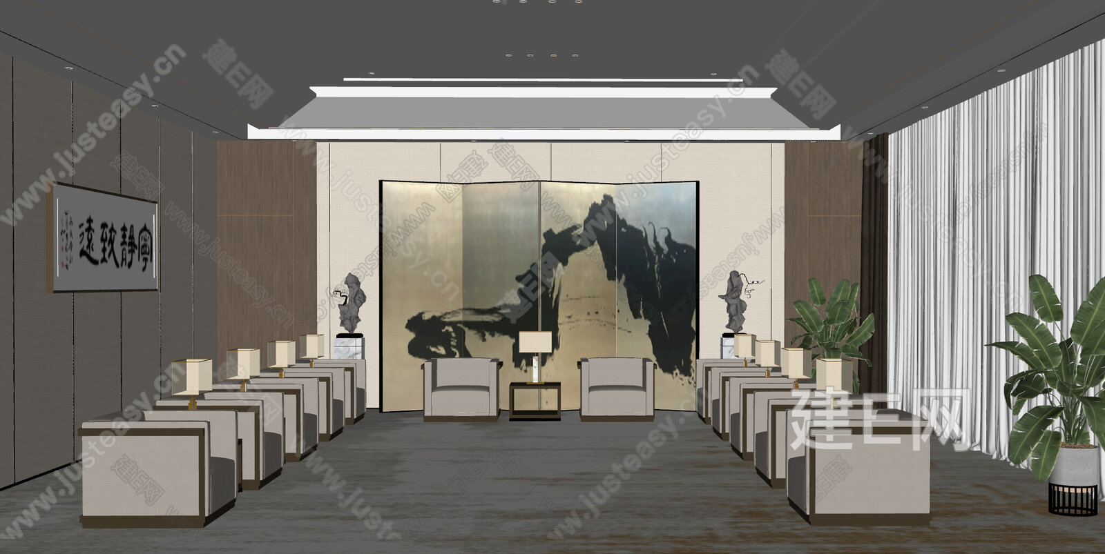 新中式会客厅 模型SU模型下载[ID:117003054]_建E室内设计网