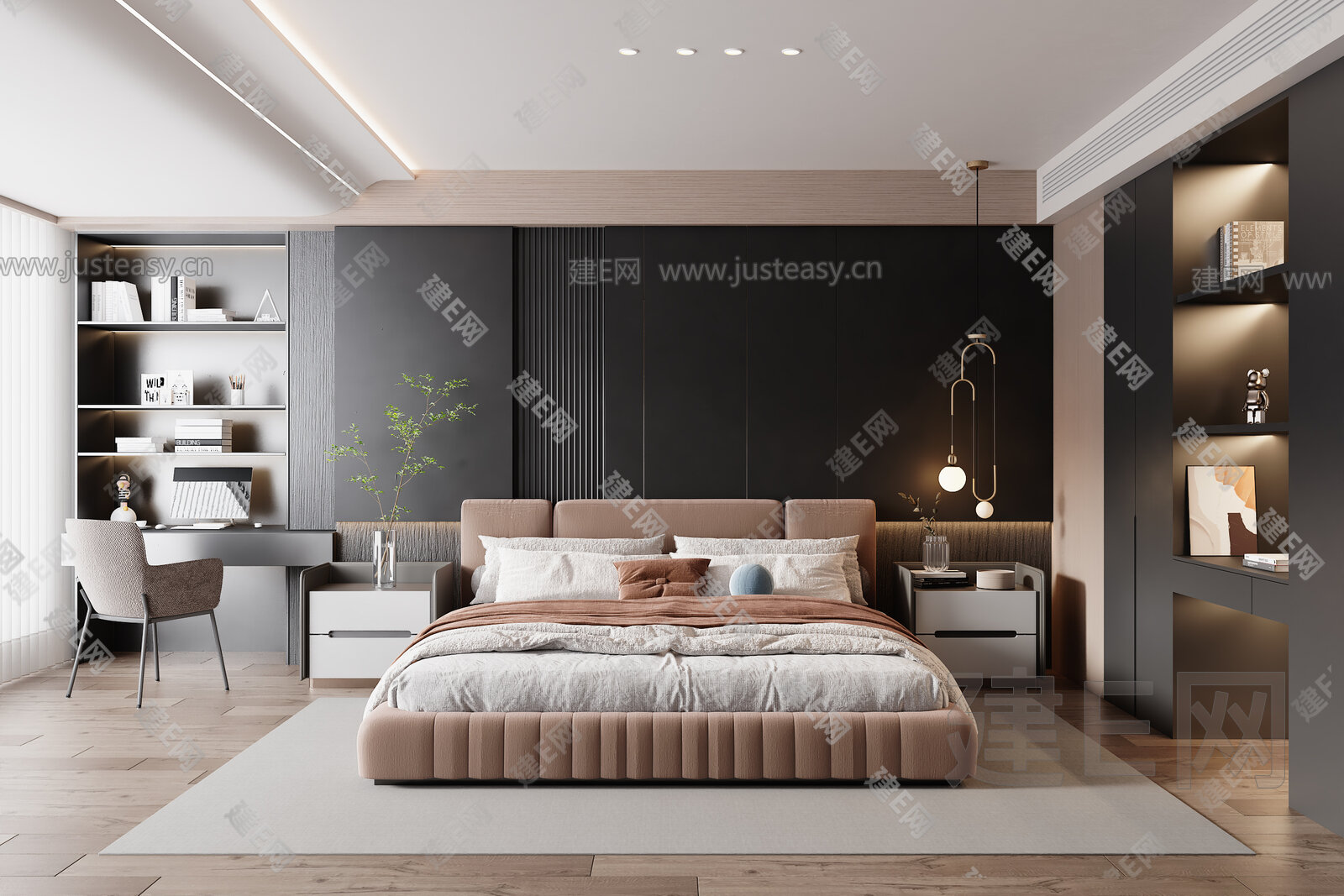 【现代奶油风卧室3d模型】建E网_现代奶油风卧室3d模型下载[ID:103504456]_打造3d现代奶油风卧室模型免费下载平台