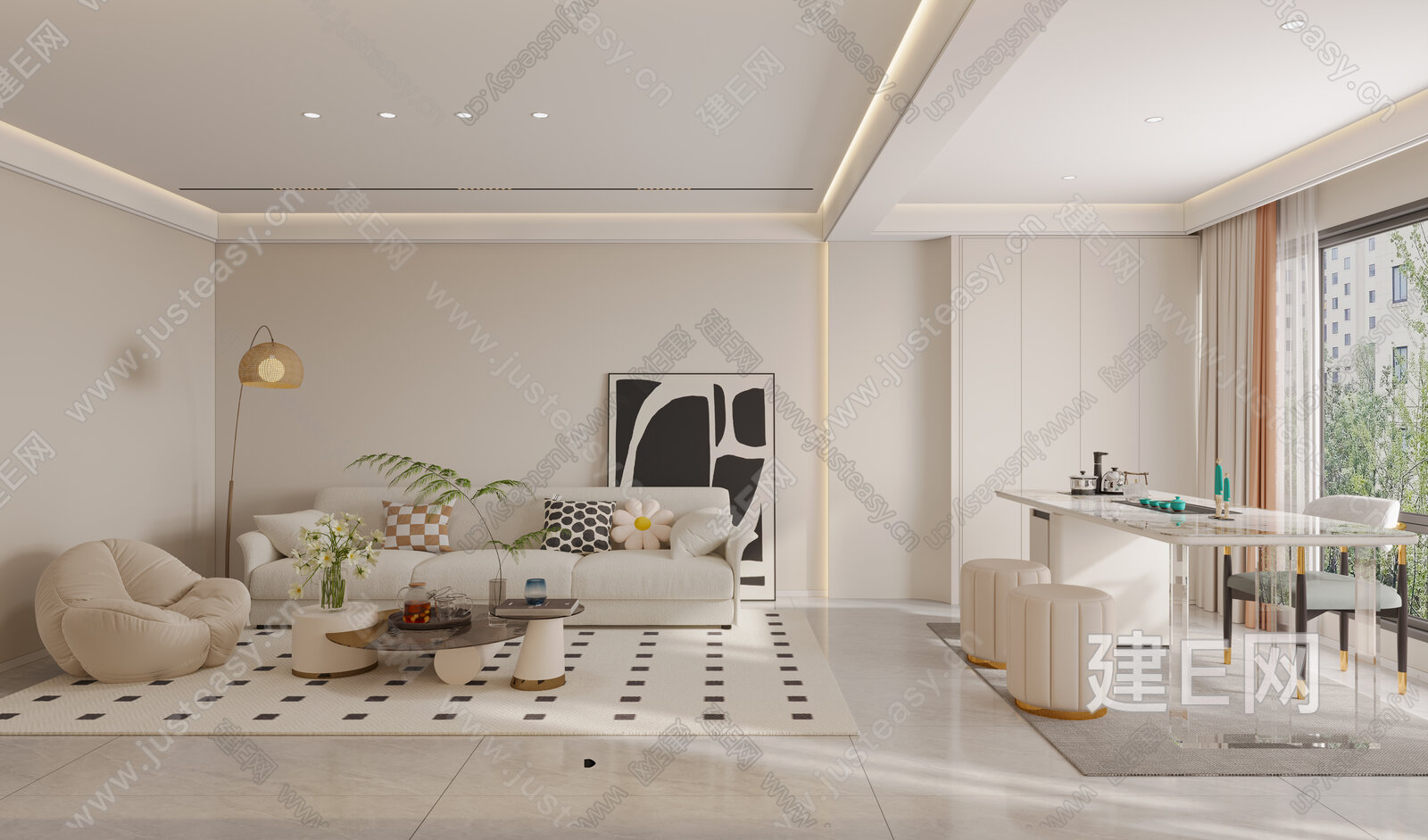 【现代奶油风客厅3d模型】建E网_现代奶油风客厅3d模型下载[ID:103504404]_打造3d现代奶油风客厅模型免费下载平台