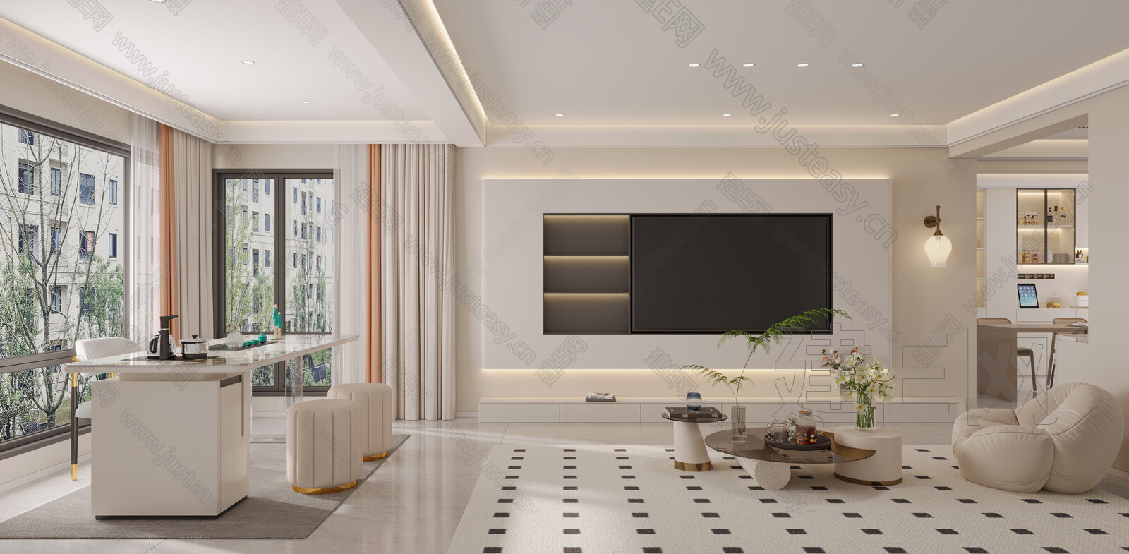 【现代奶油风客厅3d模型】建E网_现代奶油风客厅3d模型下载[ID:103504404]_打造3d现代奶油风客厅模型免费下载平台