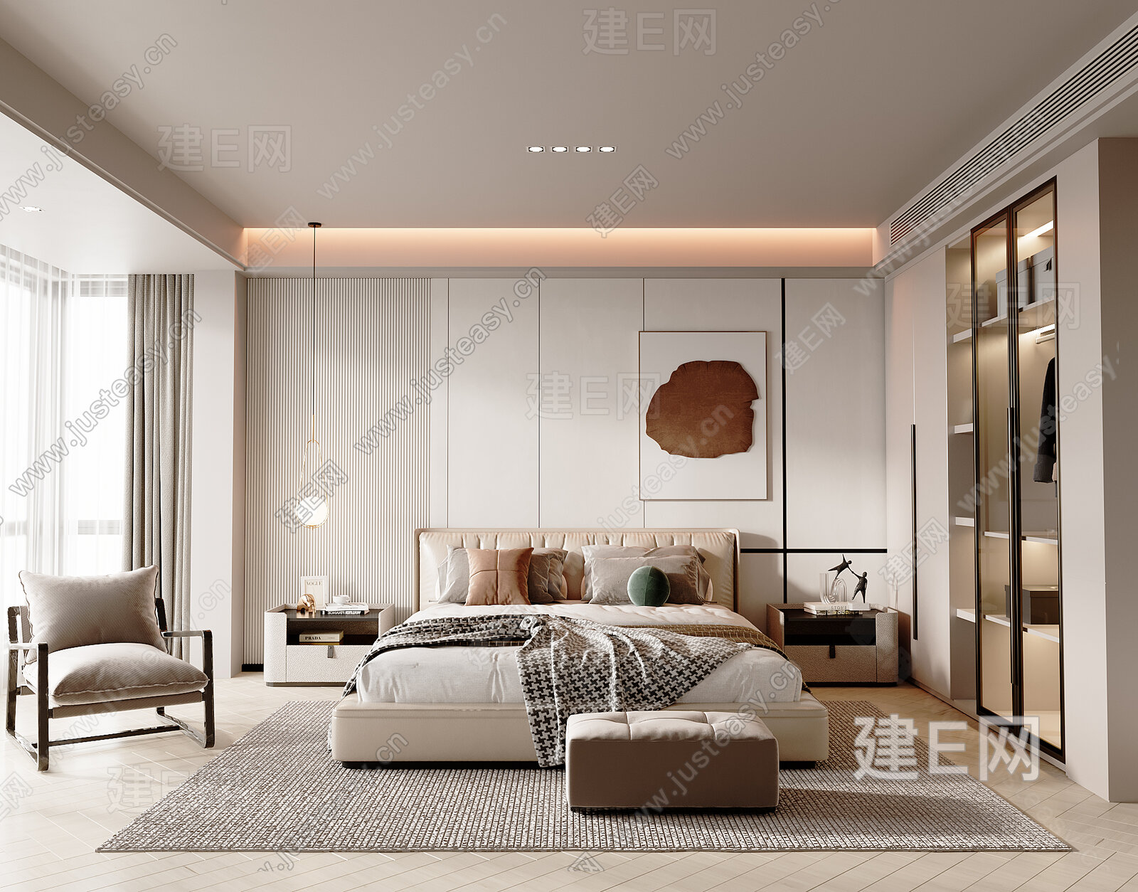 现代奶油风家居卧室模型SU模型下载[ID:109597580]_建e网su模型