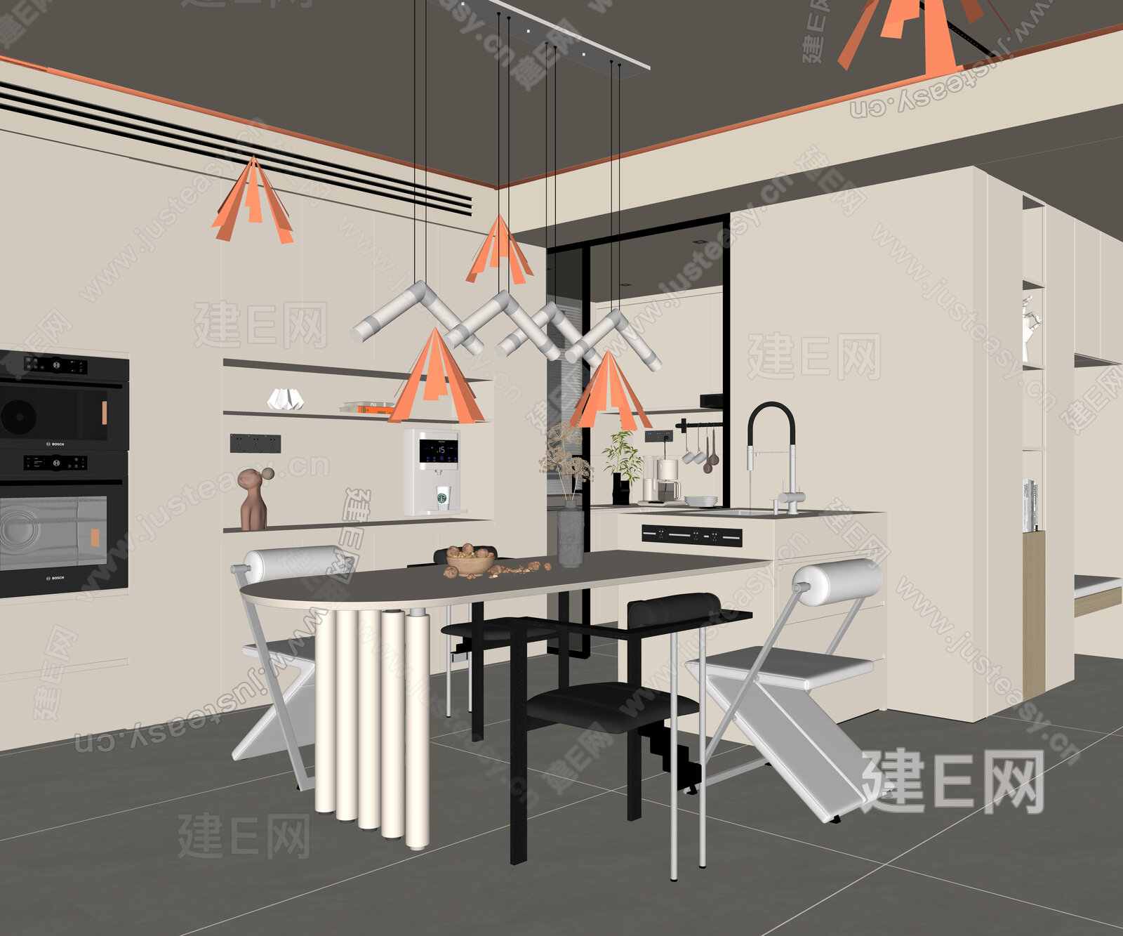 现代奶油风餐厅模型SU模型下载[ID:110056306]_建e网su模型