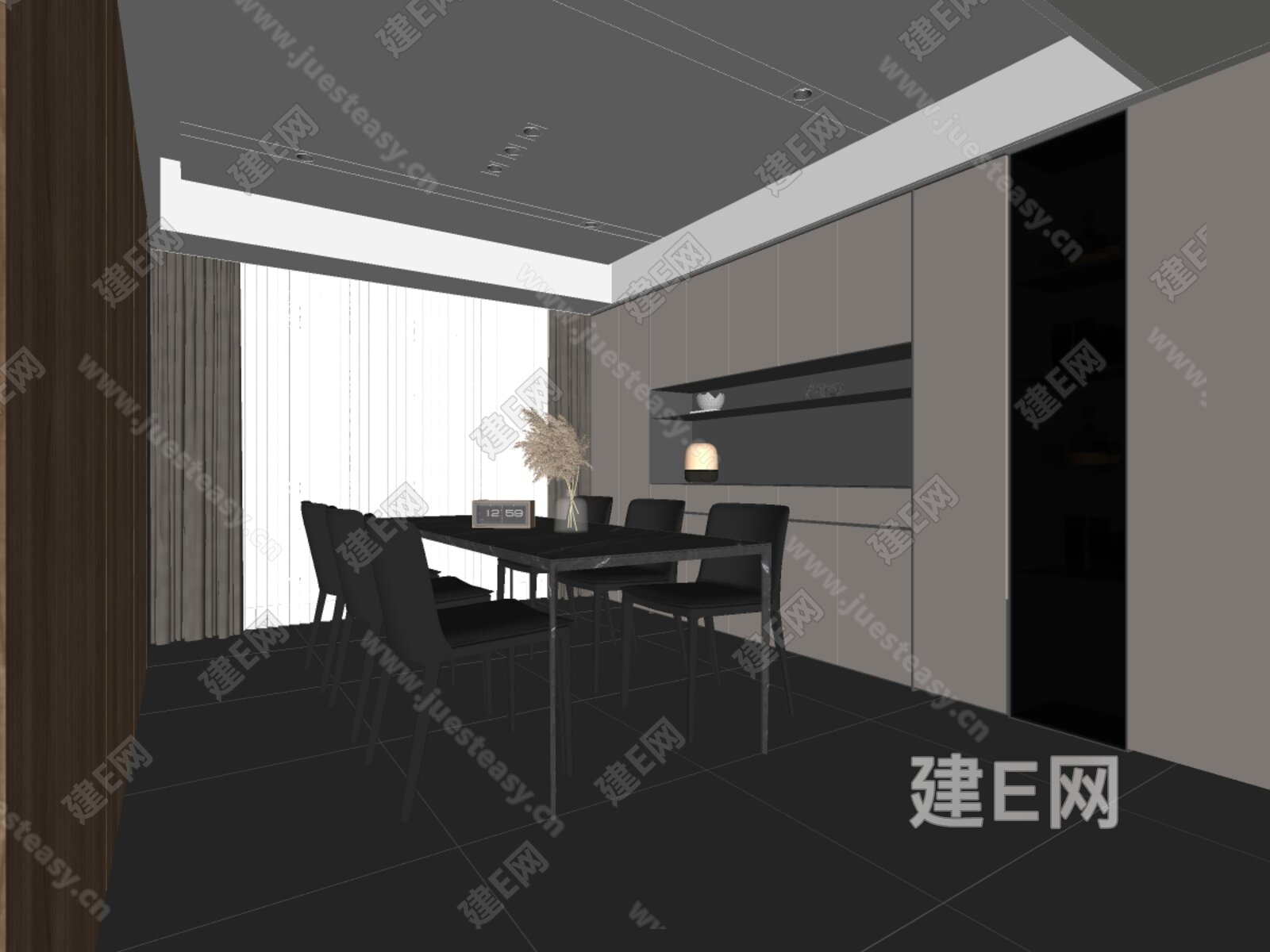 现代餐厅 餐桌椅 玻璃柜 书柜 画 吧台 酒柜 奶油风餐厅 吊灯 岛台模型SU模型下载[ID:110253013]_建E室内设计网