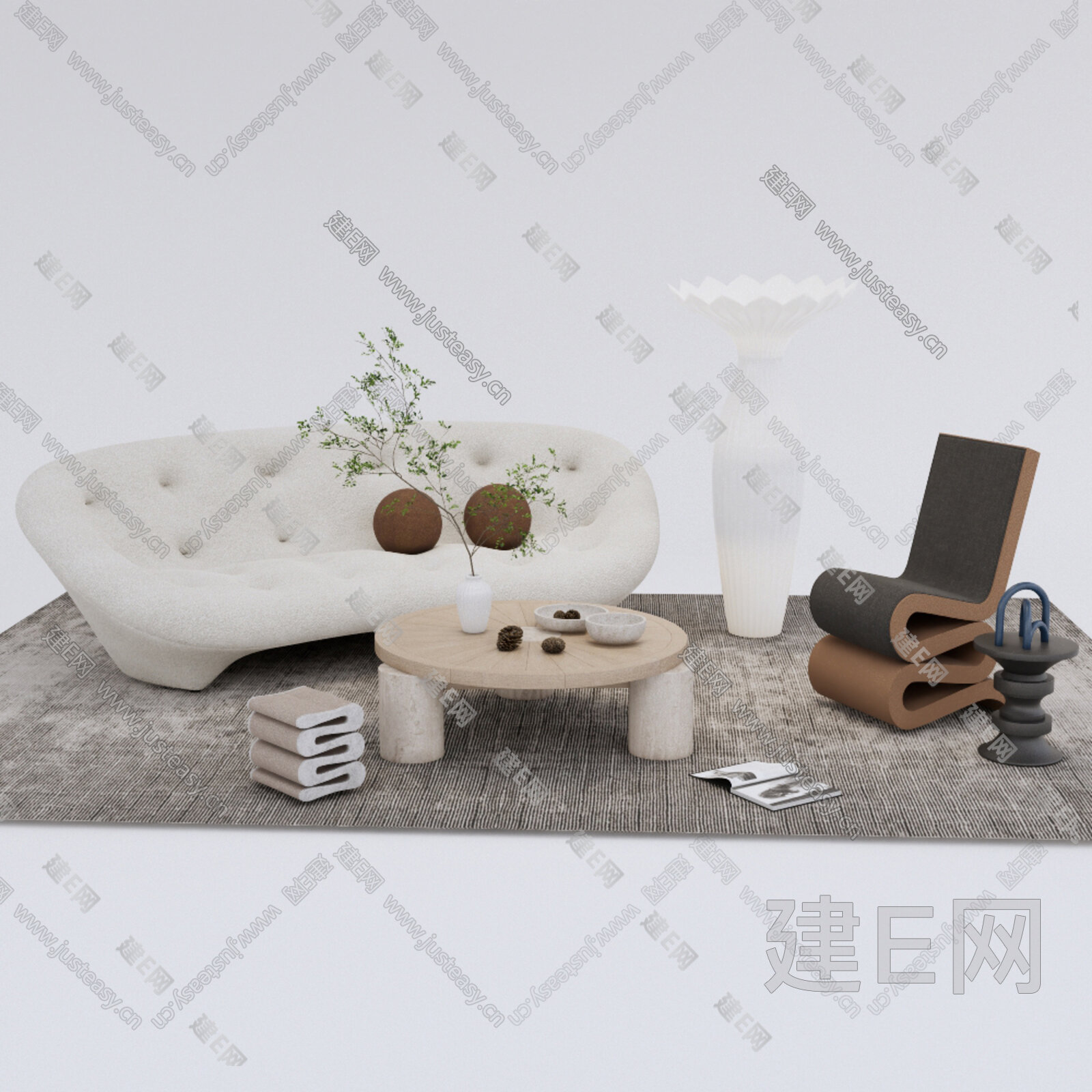 现代沙发茶几组合模型SU模型下载[ID:111039233]_建E室内设计网