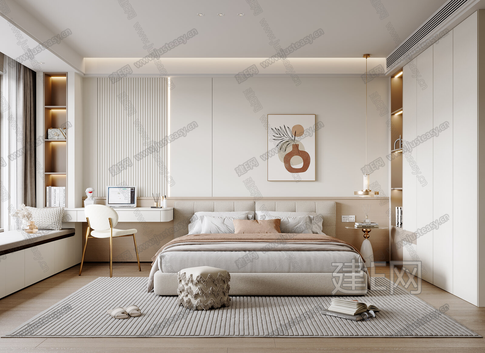 现代奶油风卧室模型SU模型下载[ID:110646020]_建E室内设计网