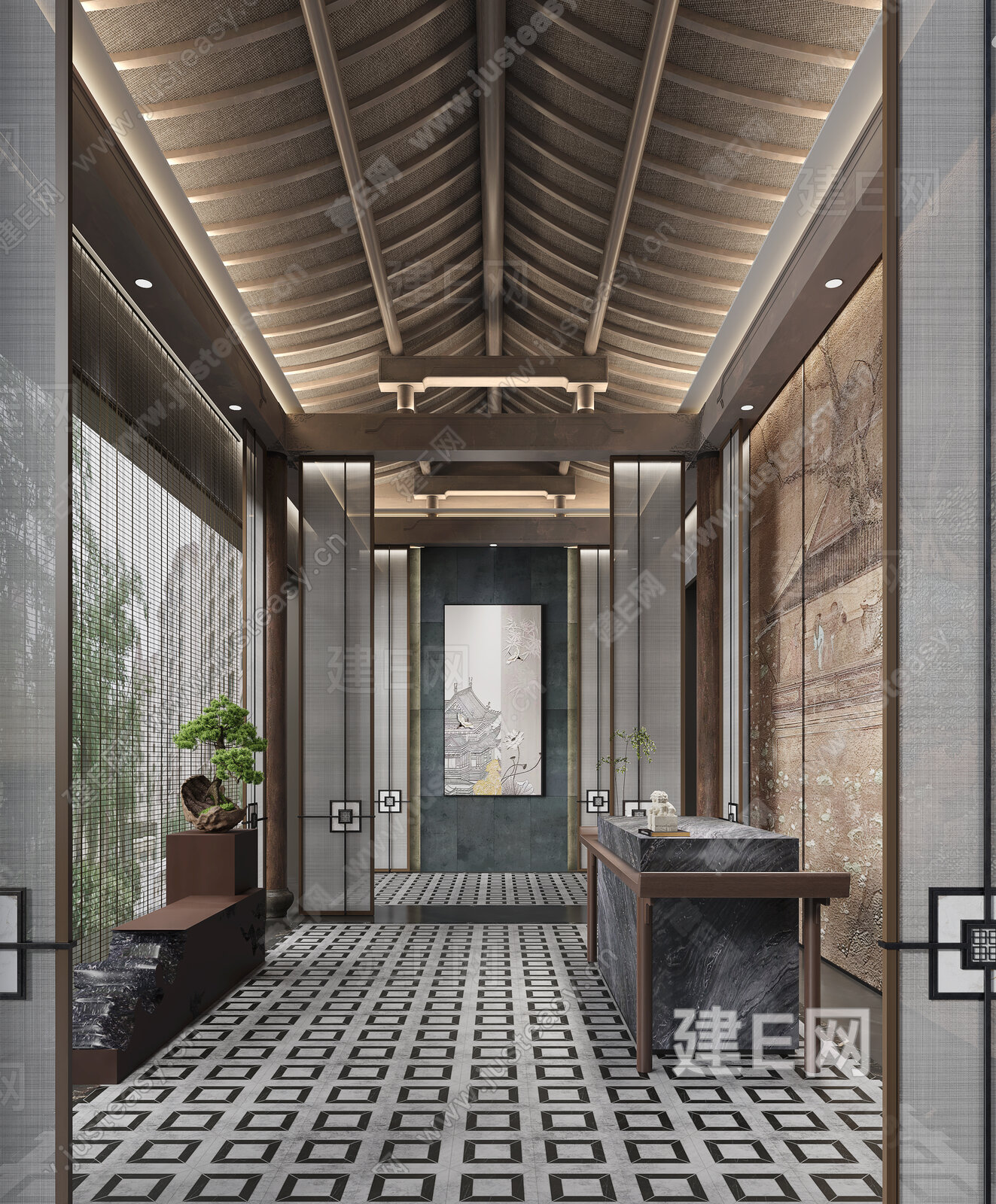 新中式接待大厅3d模型下载[ID:113793664]_建e网3d模型
