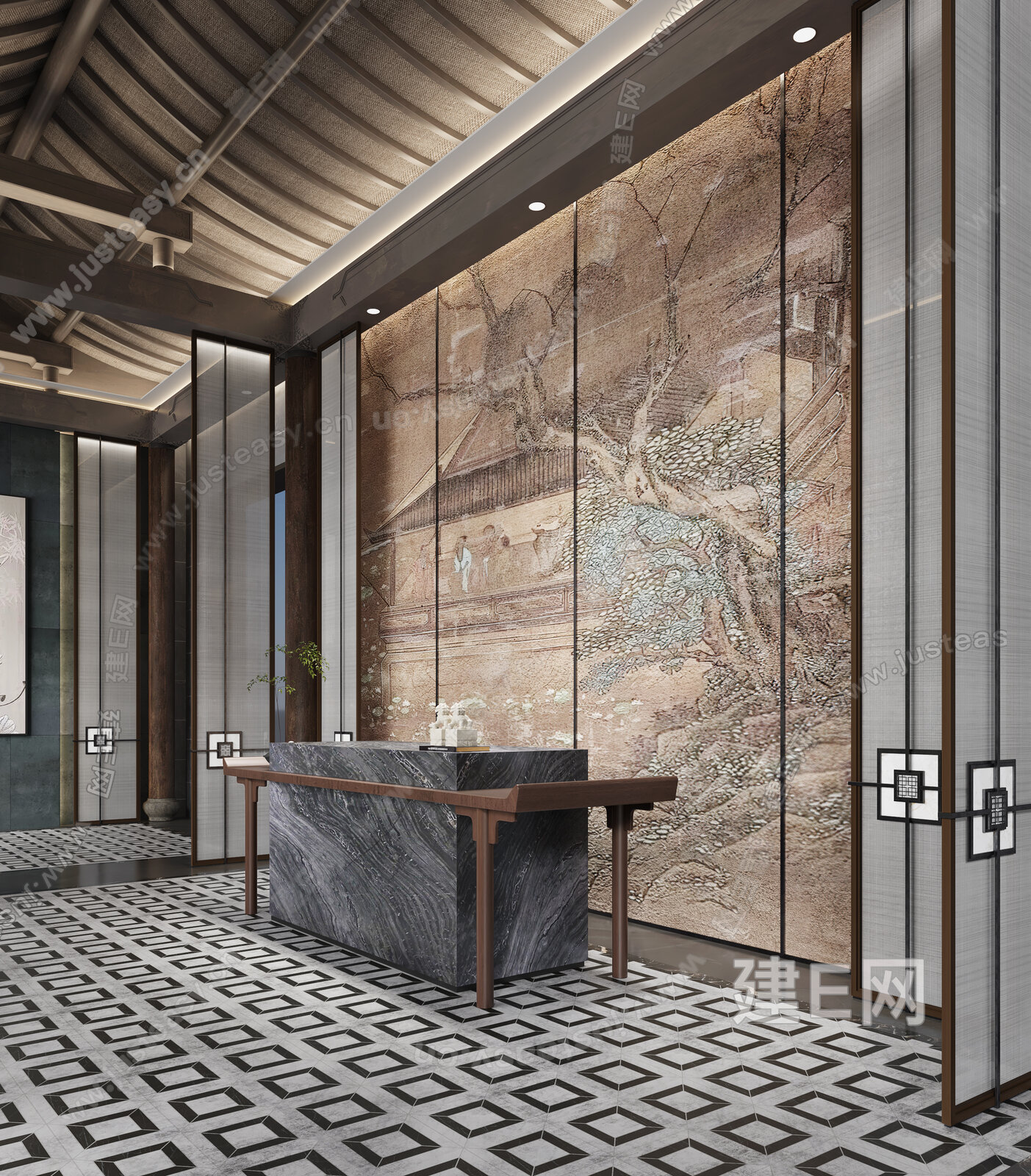新中式接待大厅3d模型下载[ID:113793664]_建e网3d模型
