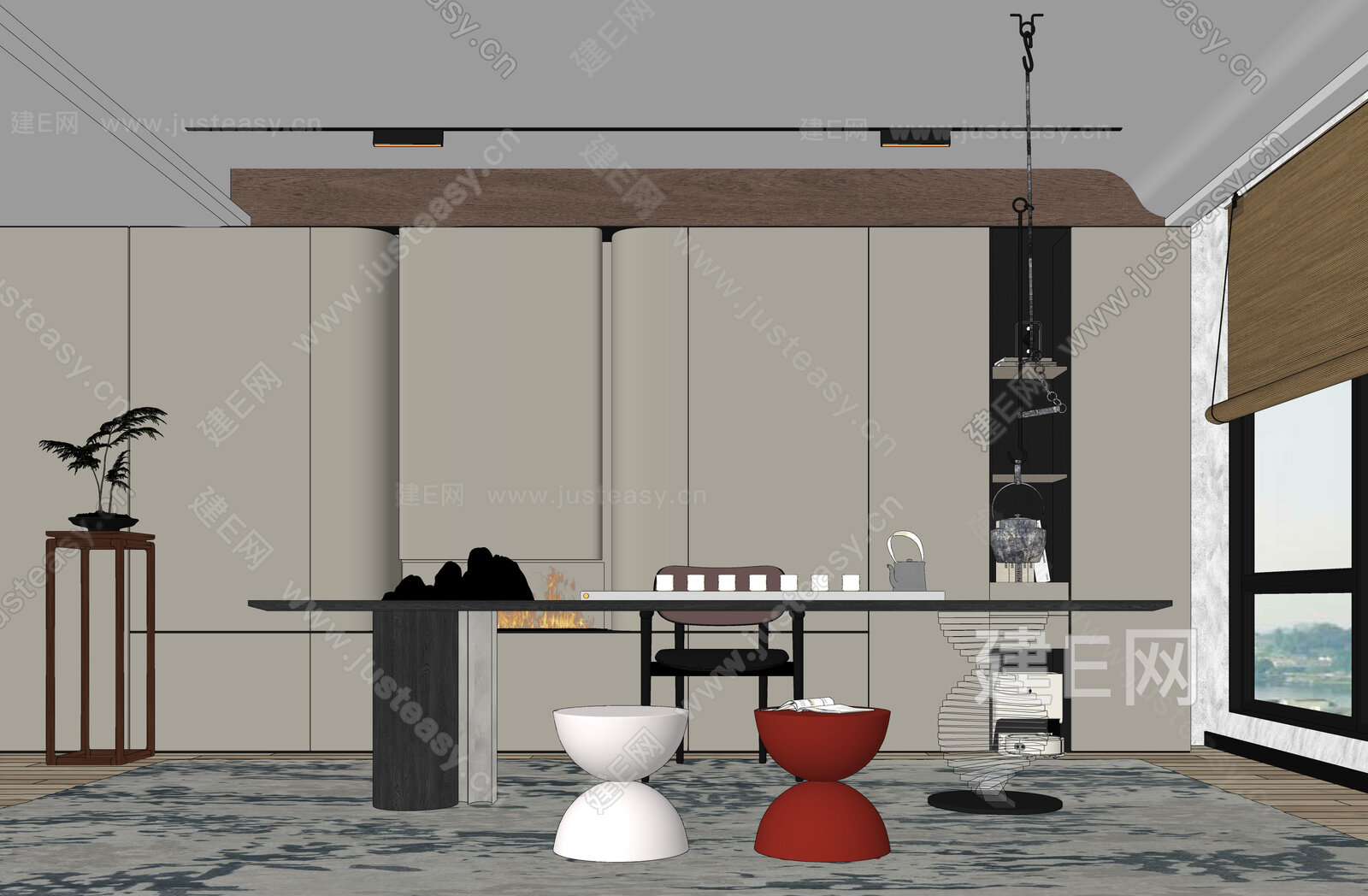 新中式轻奢茶室模型SU模型下载[ID:111236022]_建E室内设计网