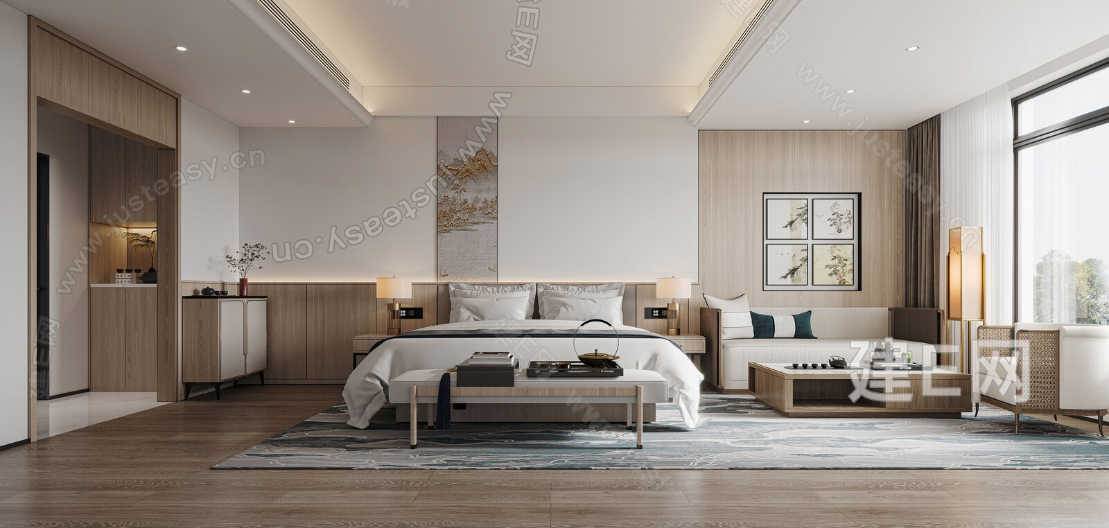 新中式酒店客房3d模型下载[ID:114448964]_建e网3d模型
