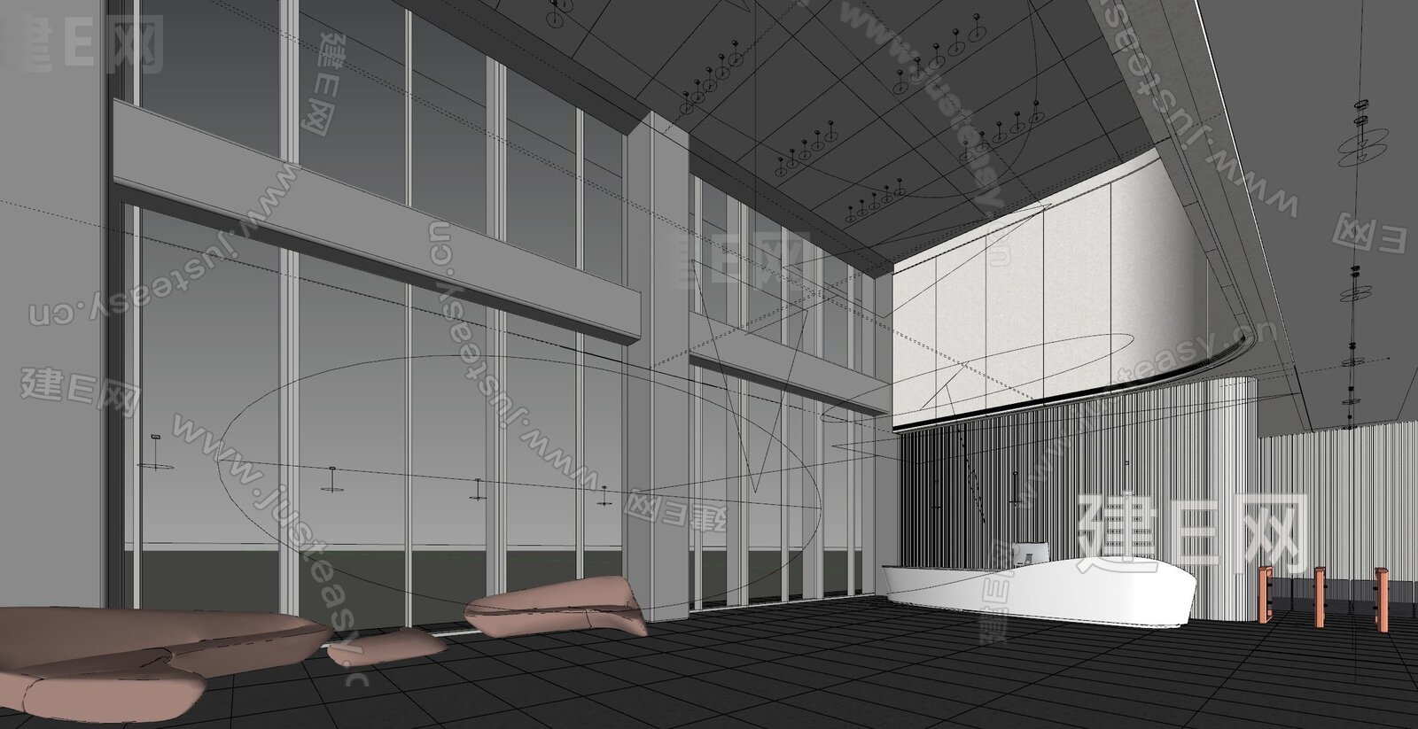 现代简约公司大堂模型SU模型下载[ID:112677723]_建E室内设计网