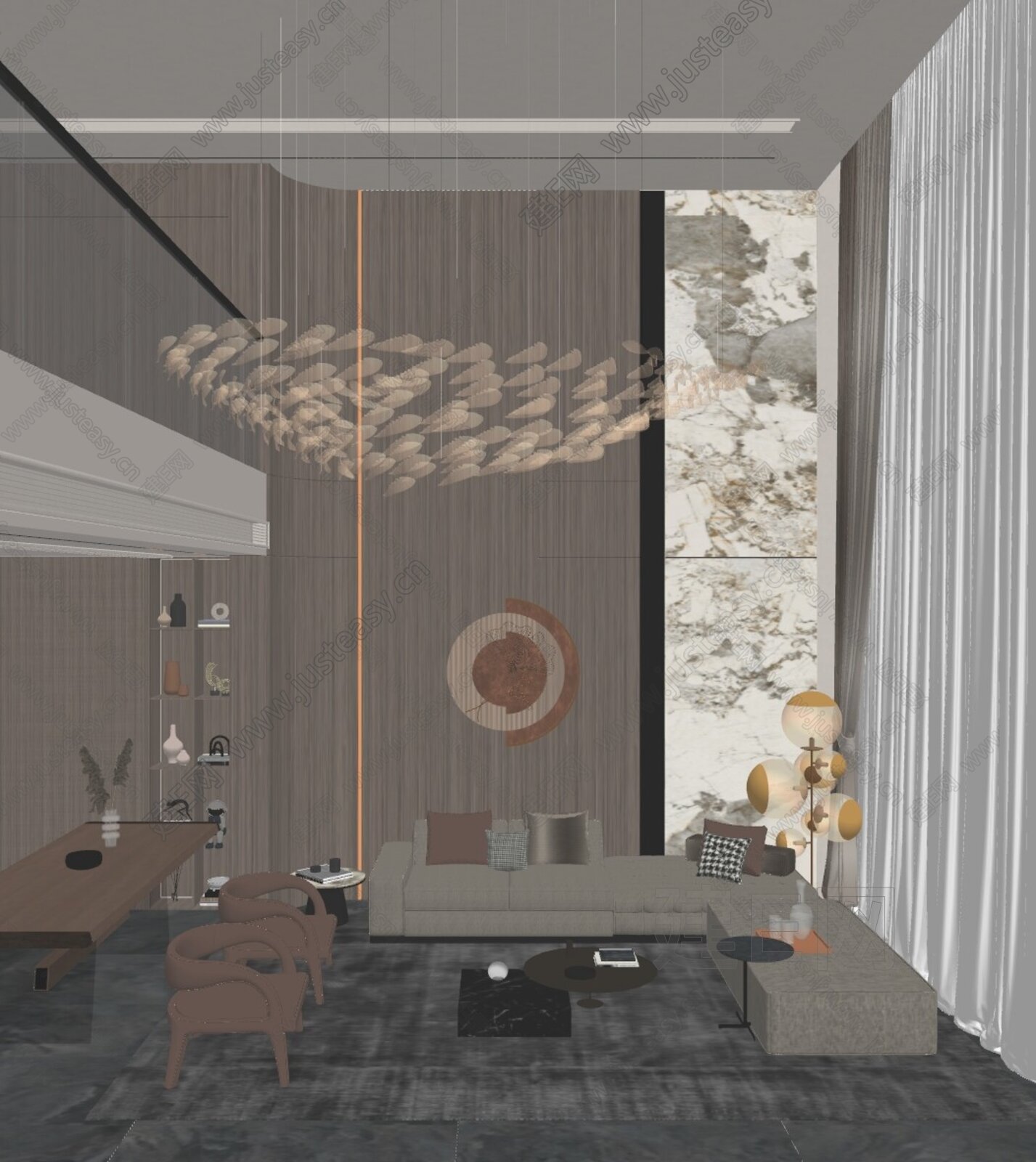 新中式轻奢别墅客厅模型SU模型下载[ID:112284592]_建e网su模型