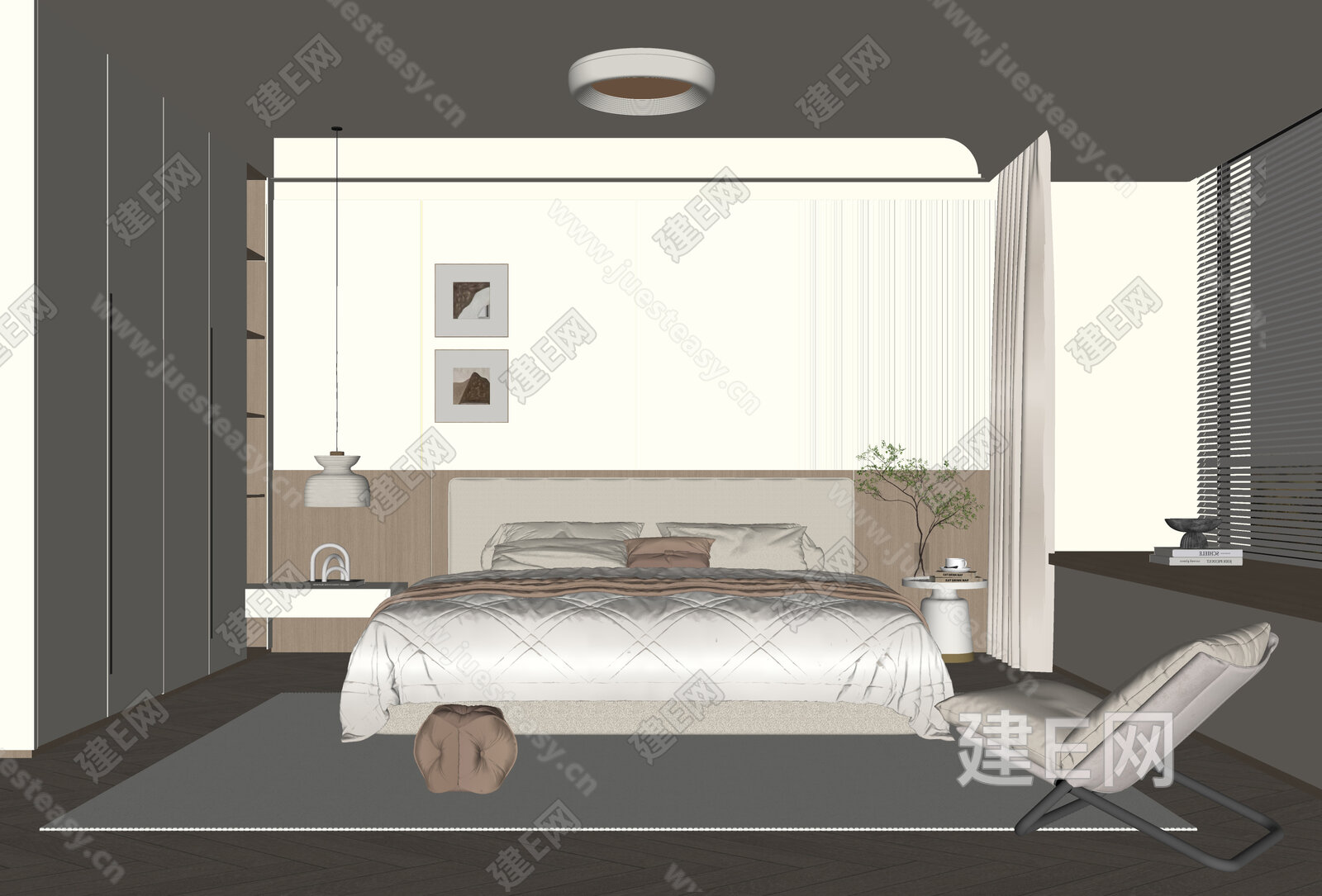 现代奶油风家居卧室模型SU模型下载[ID:112612132]_建E室内设计网