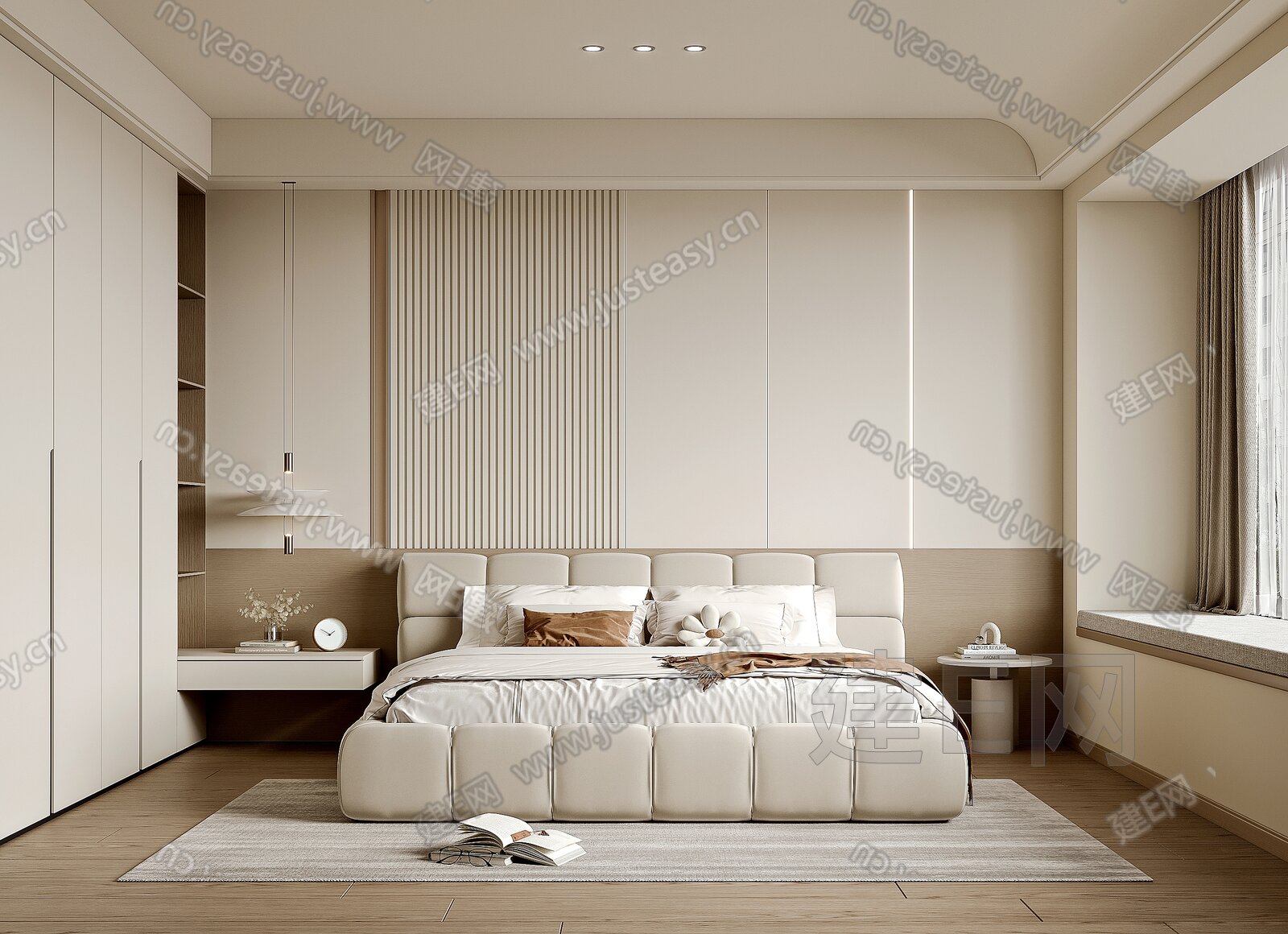 现代奶油风卧室模型SU模型下载[ID:112350199]_建E室内设计网
