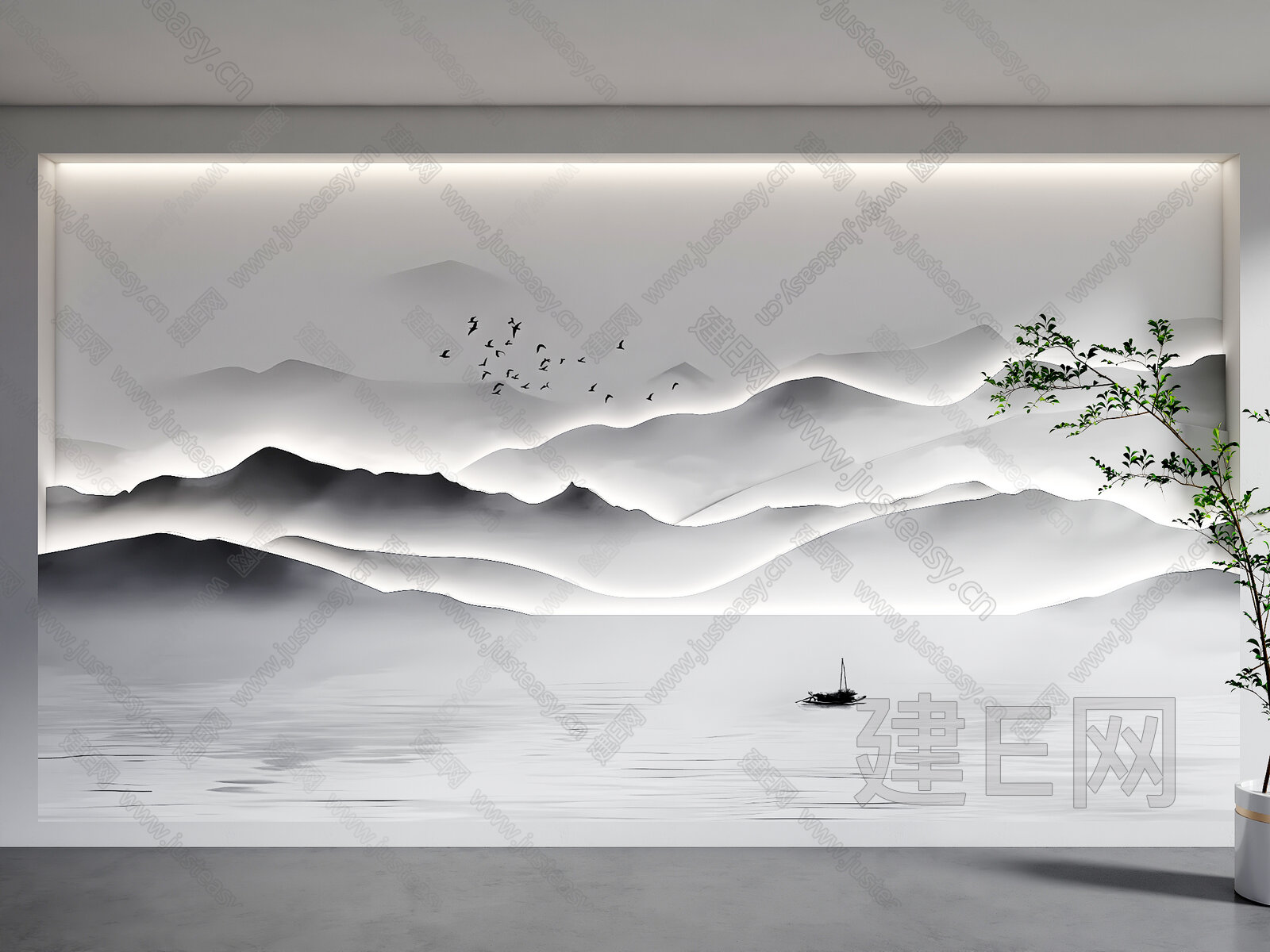 中式山水画背景墙 电视背景墙模型SU模型下载[ID:105075401]_建e网su模型