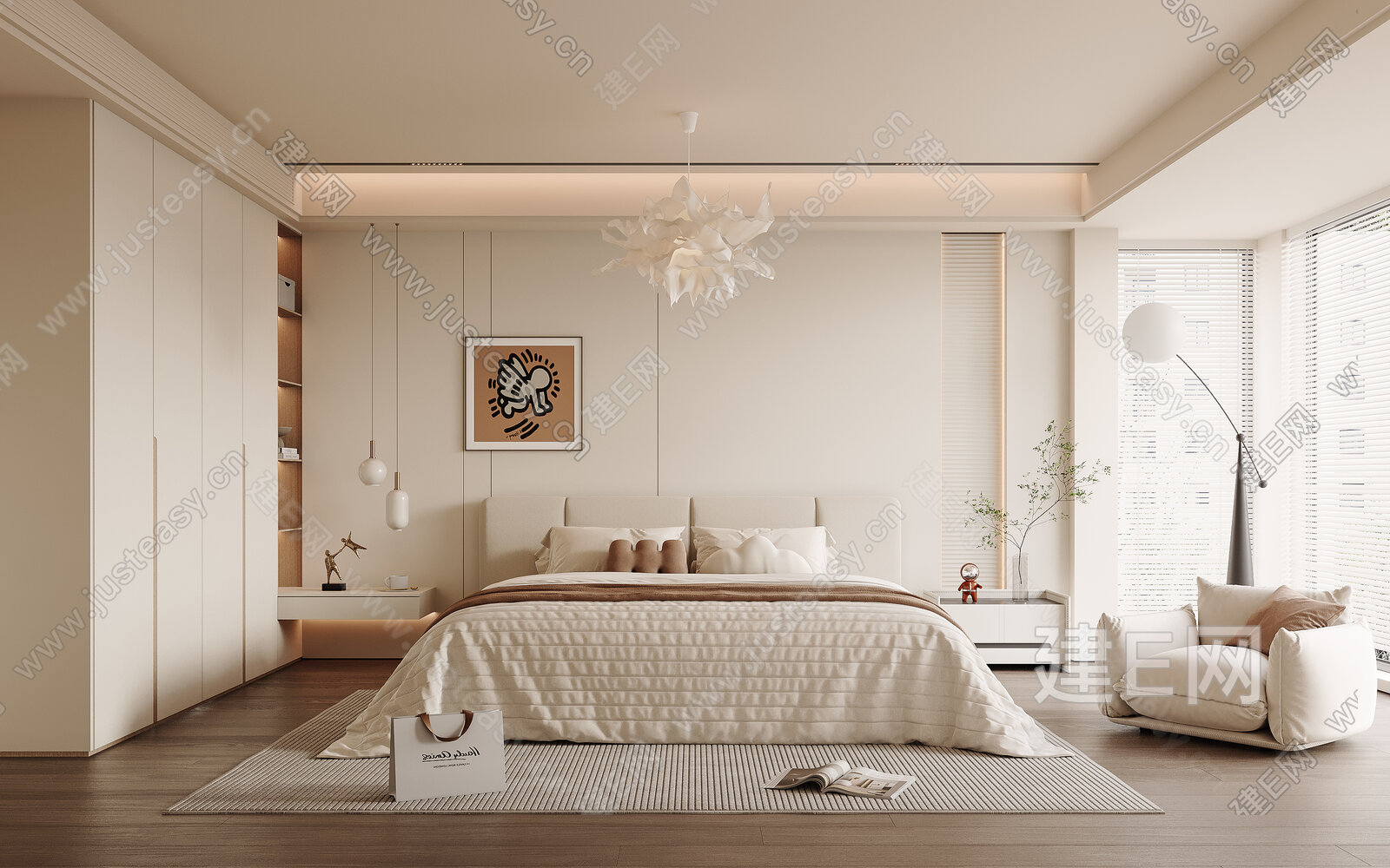现代奶油风家居卧室模型SU模型下载[ID:106451631]_建E室内设计网