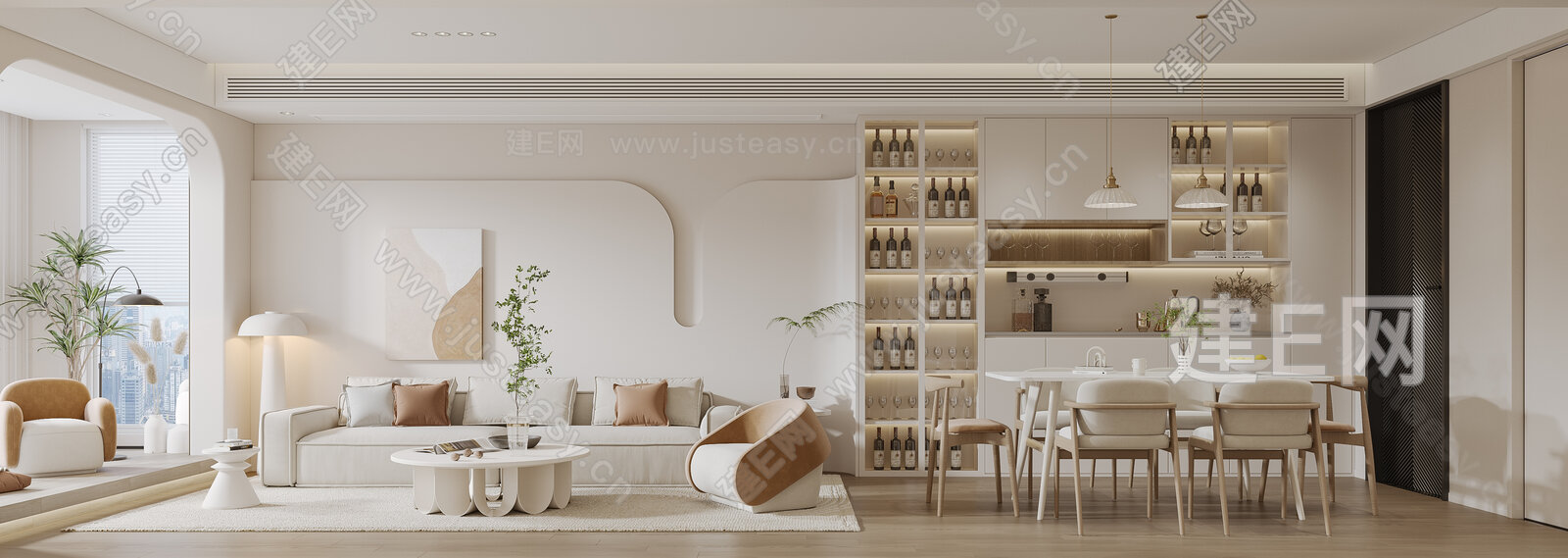 现代奶油风客餐厅模型SU模型下载[ID:106975985]_建E室内设计网