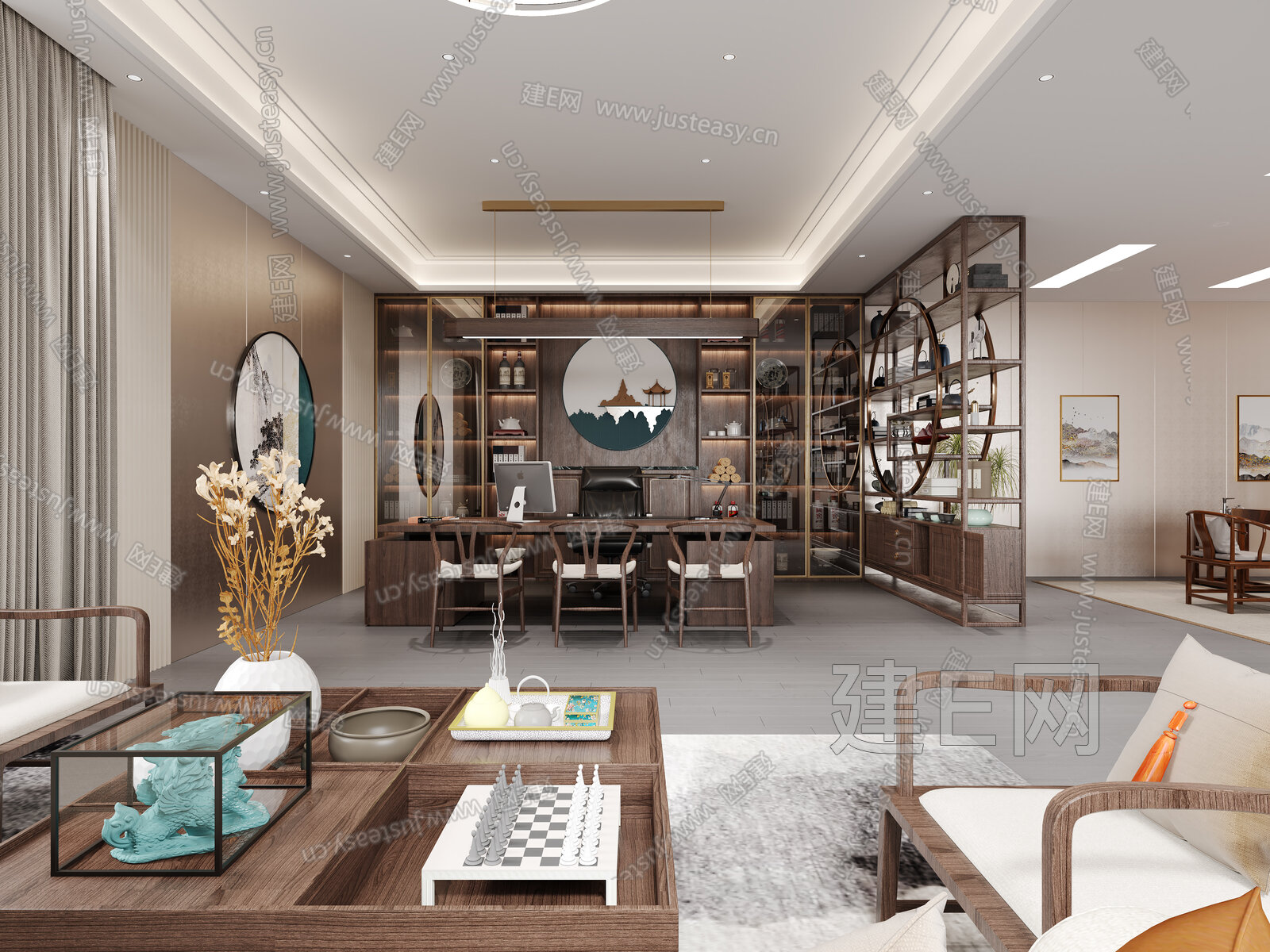 新中式经理办公室3d模型下载[ID:111106791]_建e网3d模型