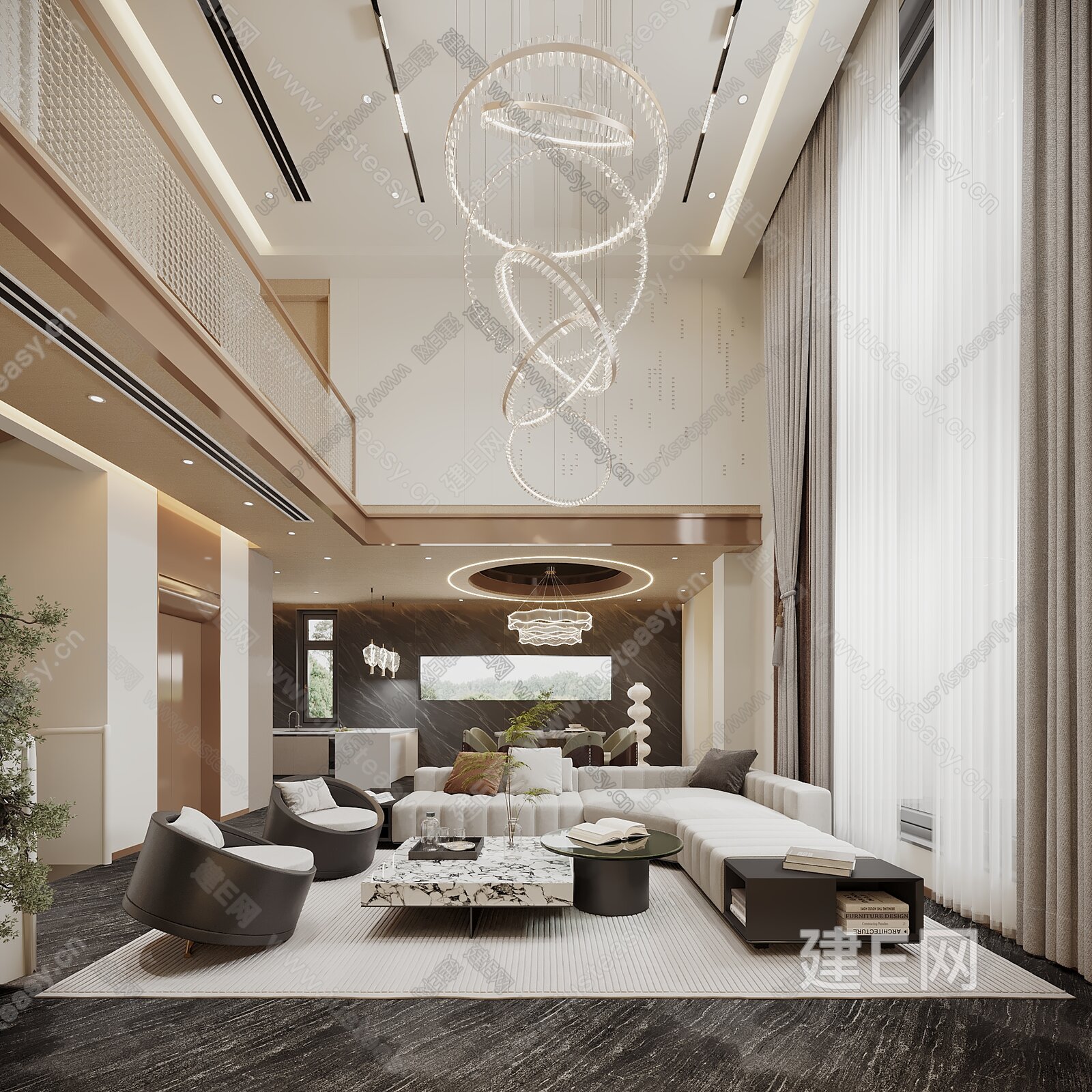 现代轻奢别墅客餐厅模型SU模型下载[ID:107107038]_建e网su模型